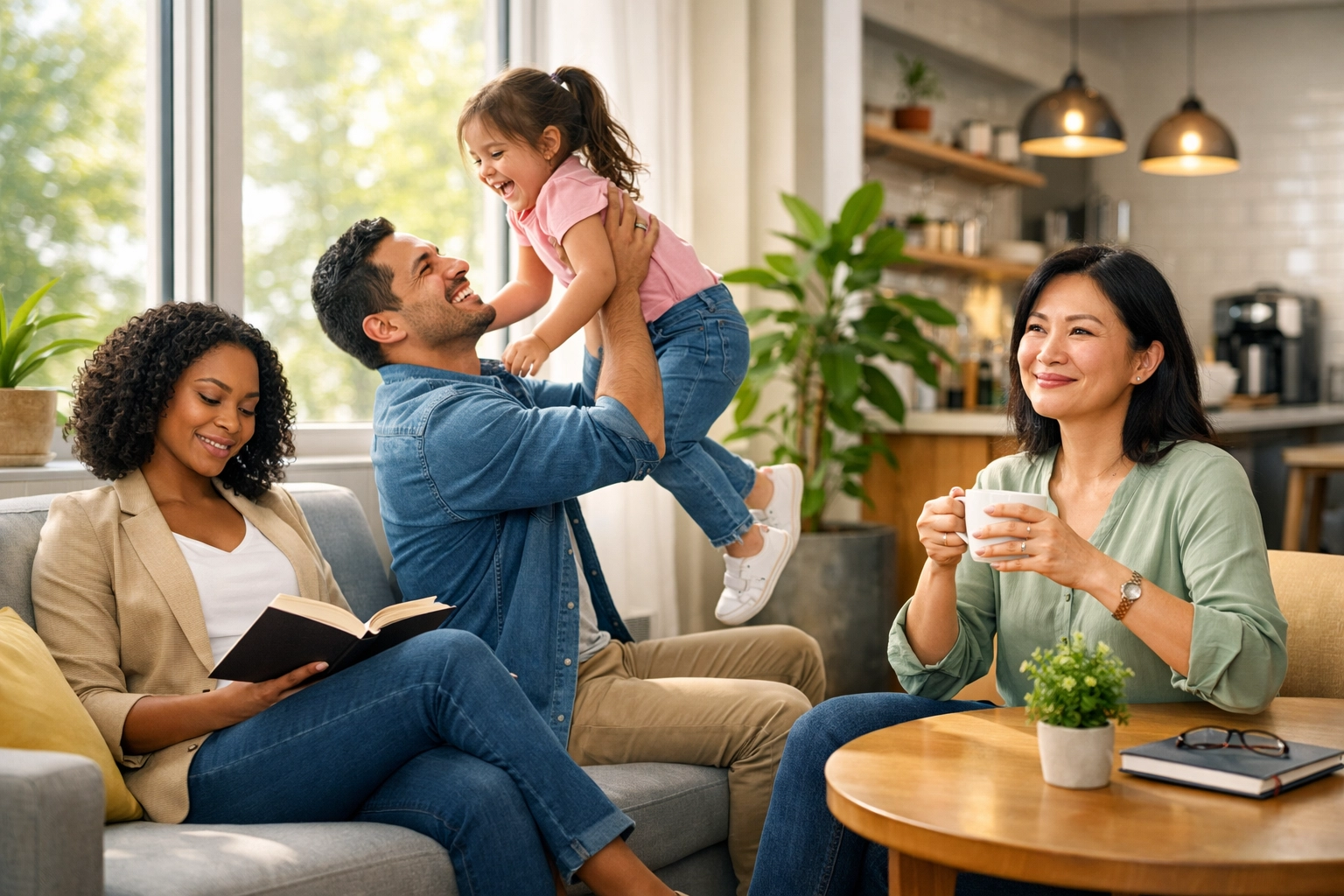 Diverse employees enjoying paid leave benefits in modern office break room