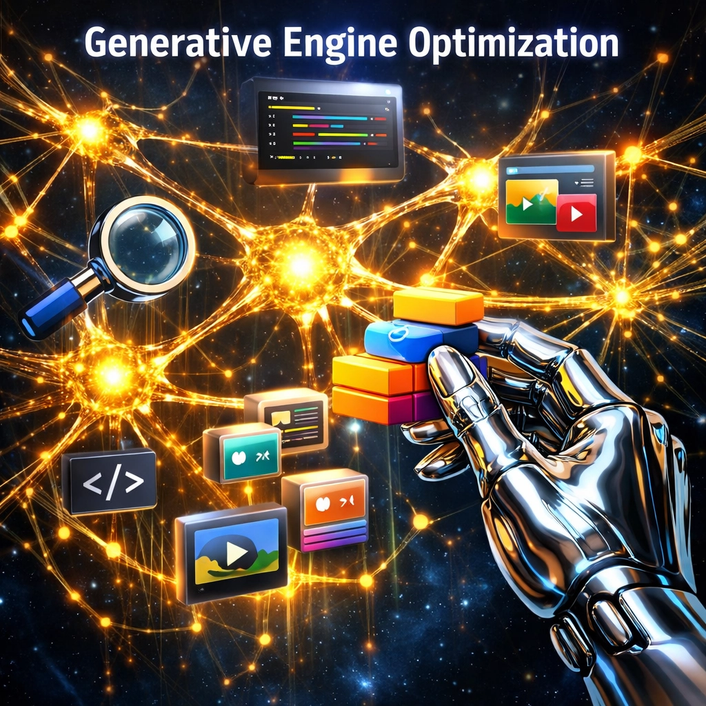 AI neural network and search icons illustrating generative engine optimization and NLP marketing.