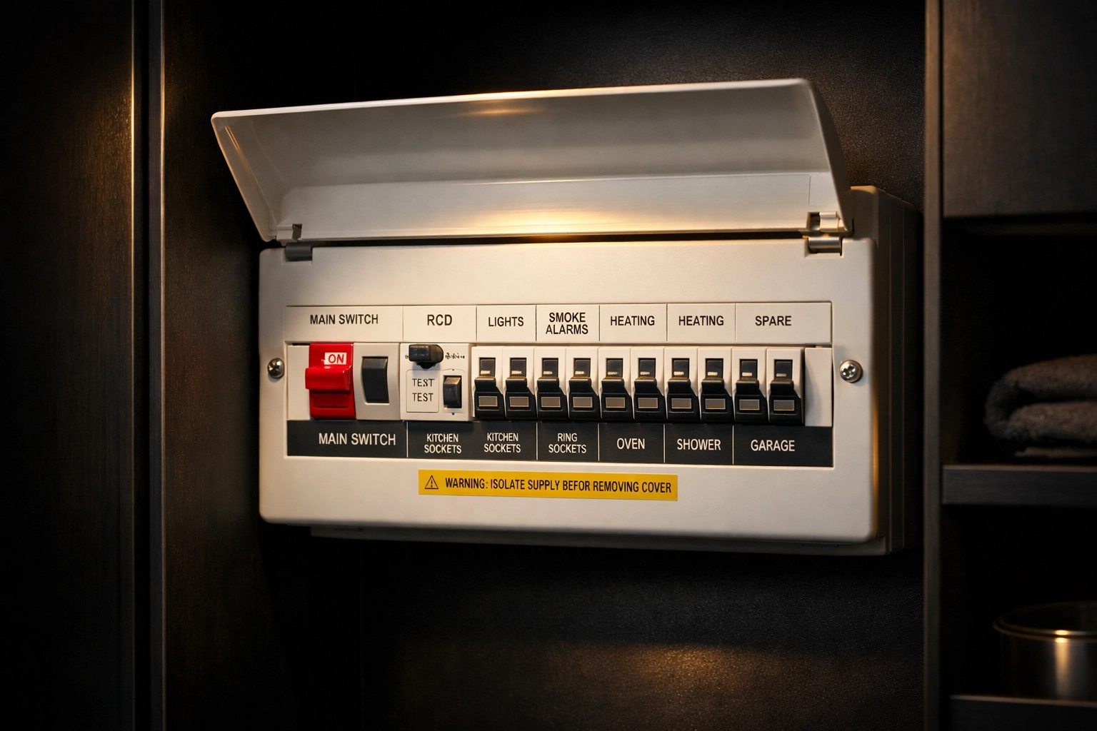 A modern, professionally installed consumer unit fuse box providing safety for a rewired home.