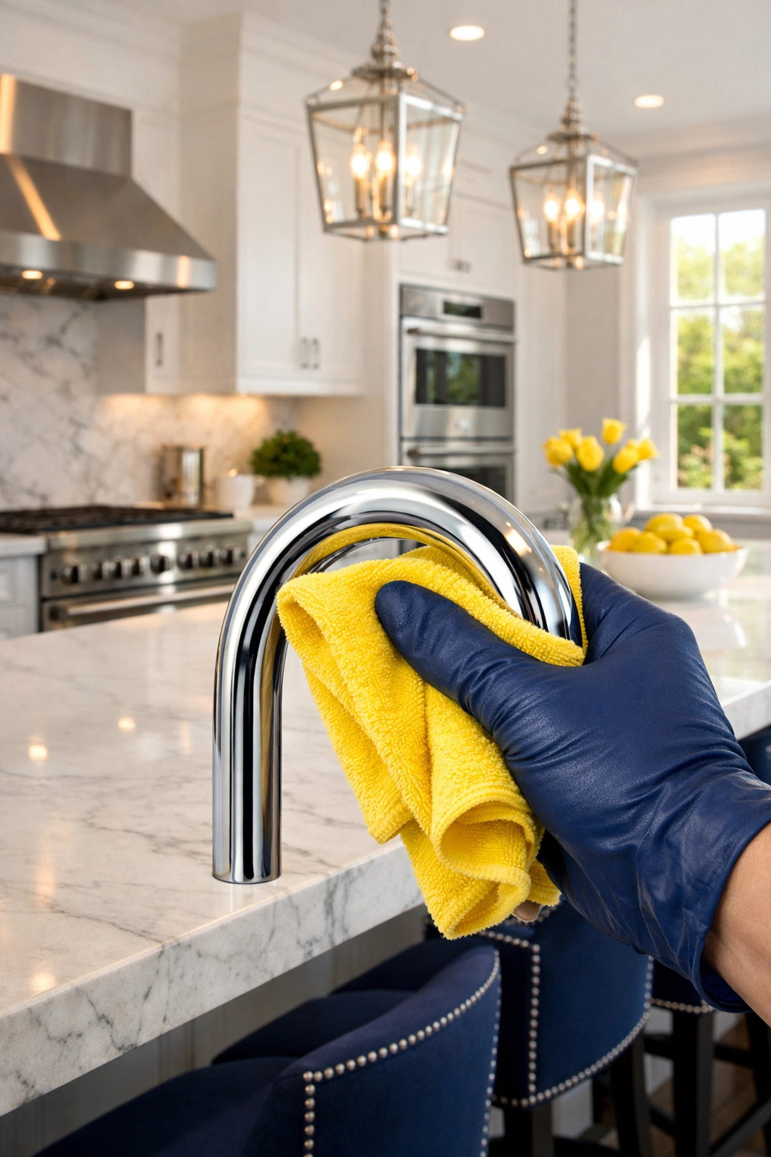 Professional residential cleaning Massachusetts of a high-end kitchen in Dover with polished chrome.