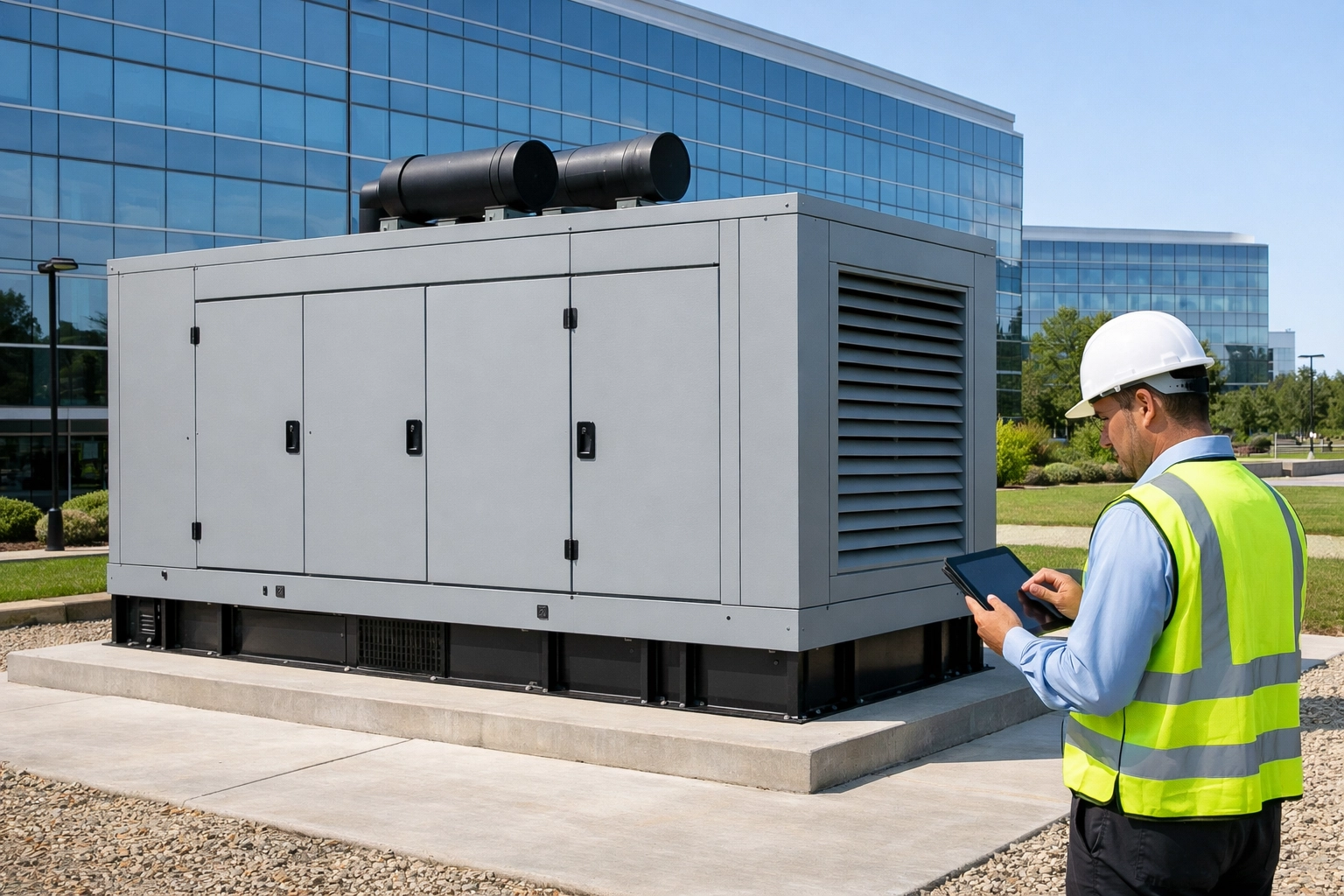 Professional engineer inspecting a large industrial backup generator system on a commercial building site.