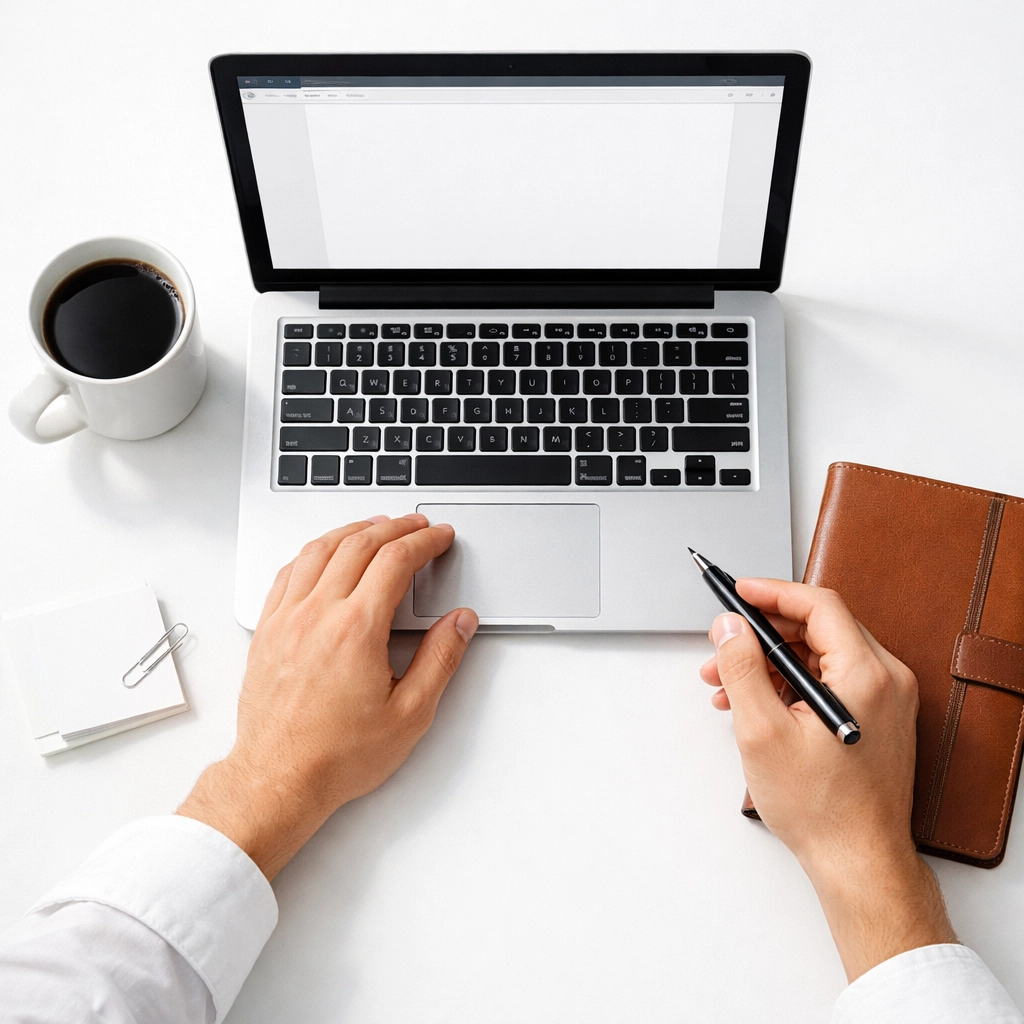 Modern workspace with a laptop and notebook, representing the start of a ServiceNow implementation journey.
