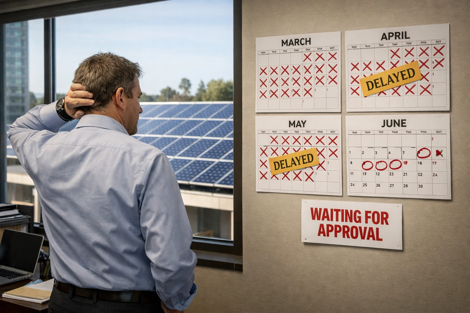 Business owner reviewing grid connection delays with installed solar panels visible outside
