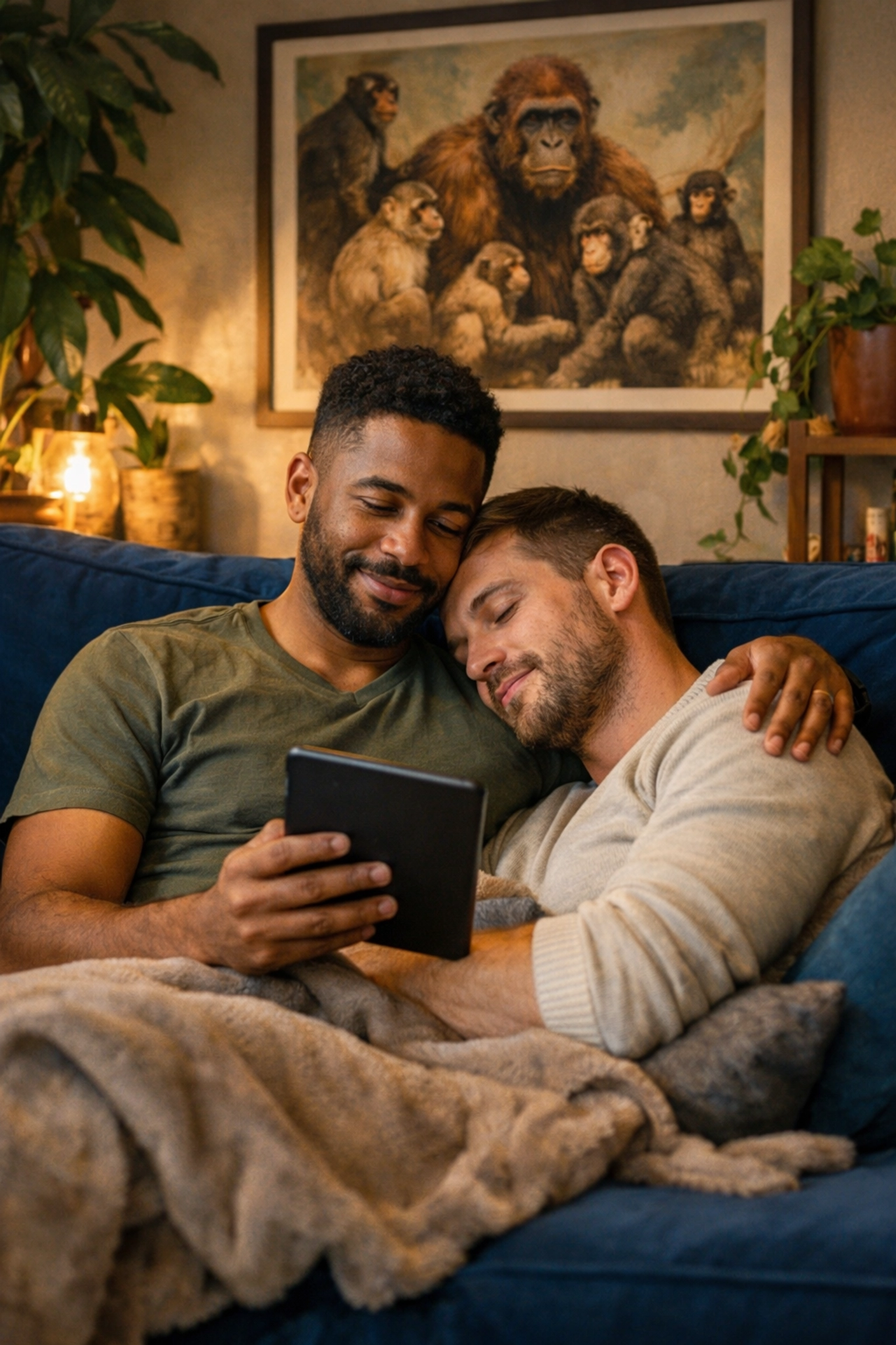 A gay couple reads an LGBTQ+ eBook together at home, celebrating the found family theme in MM romance books.
