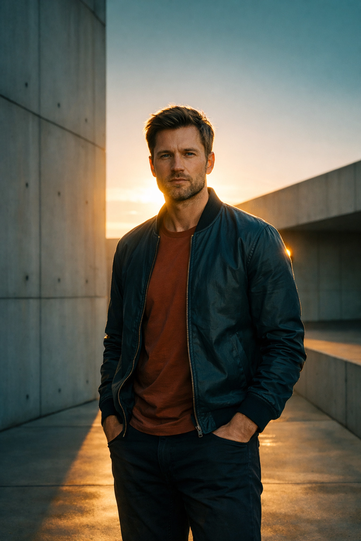 Man in a minimalist urban setting showing clean composition and portrait photography techniques.