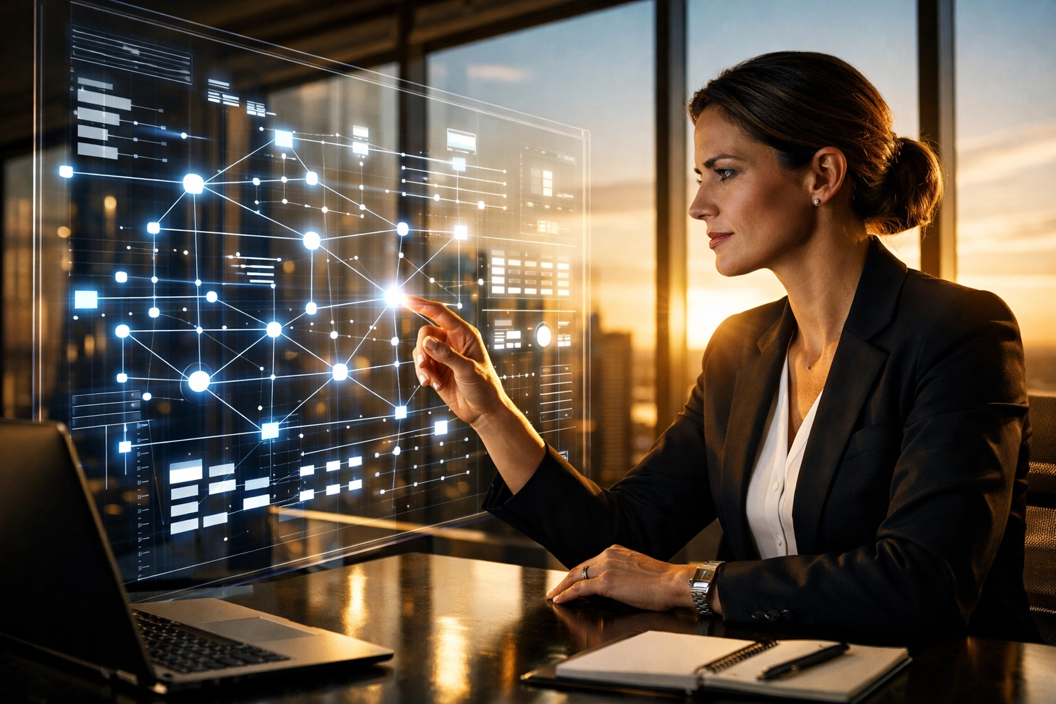 Female executive using a structured data framework on a digital display to improve workforce media literacy.