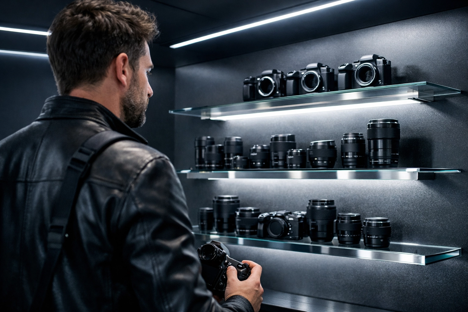 Professional photographer evaluating modern mirrorless camera gear in a high-tech studio showroom.