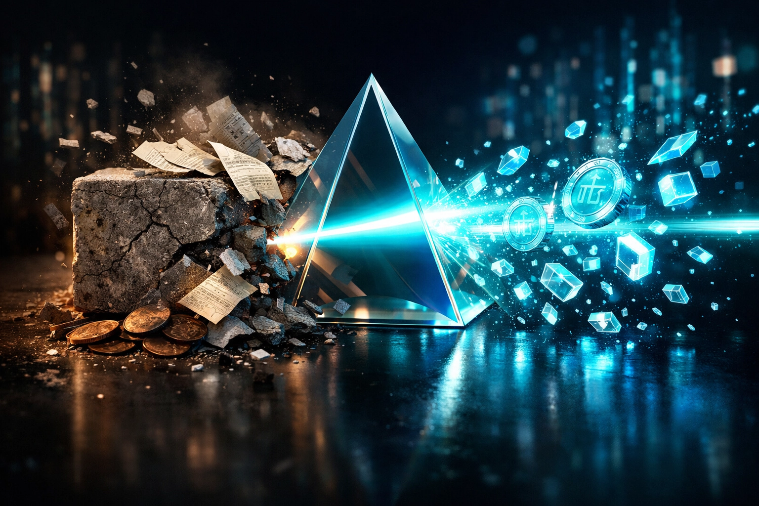 Digital prism transforming legacy payment systems into efficient Larecoin AI crypto payment solutions.