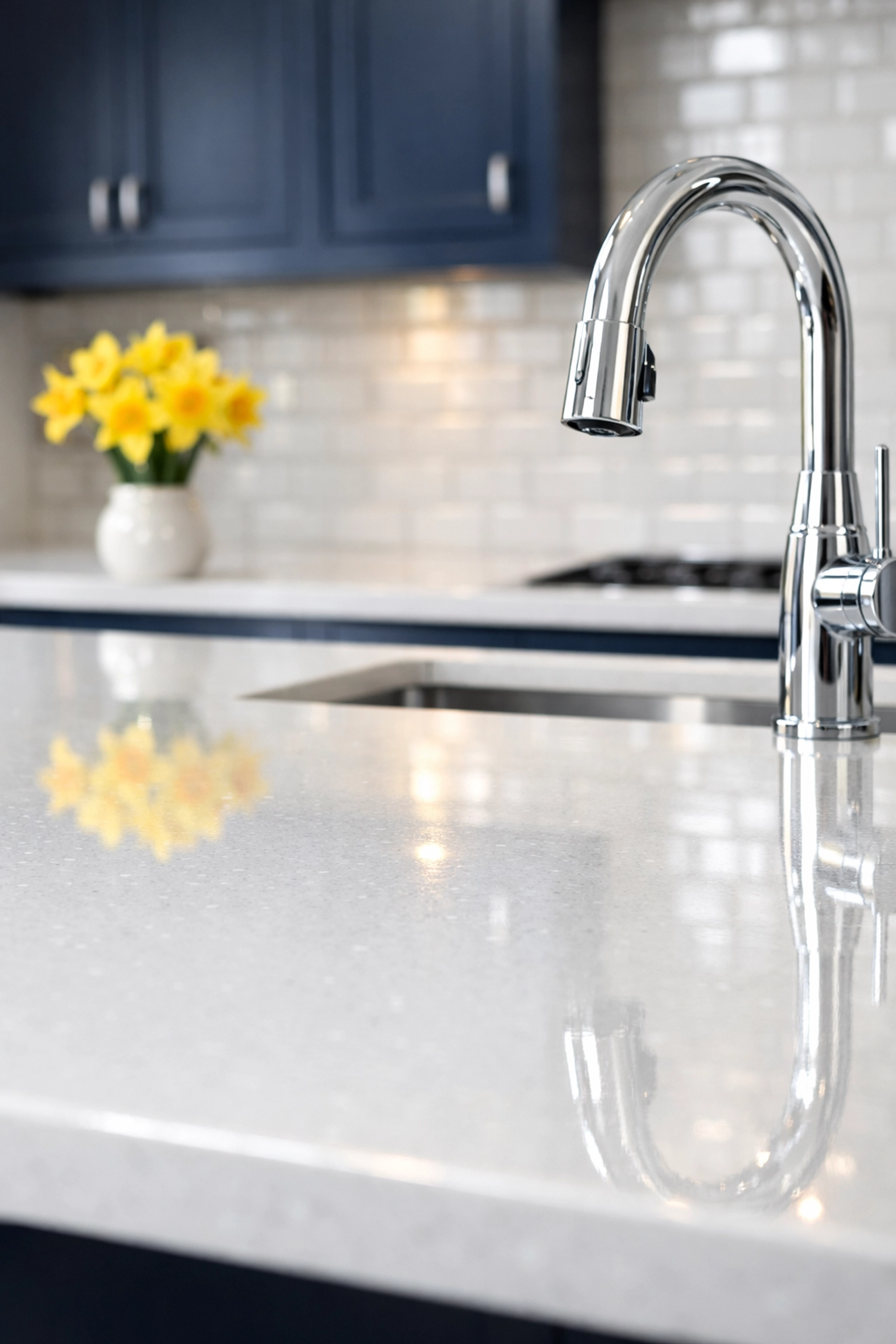 Gleaming white quartz kitchen island showing the results of professional weekly house cleaning in Lincoln.