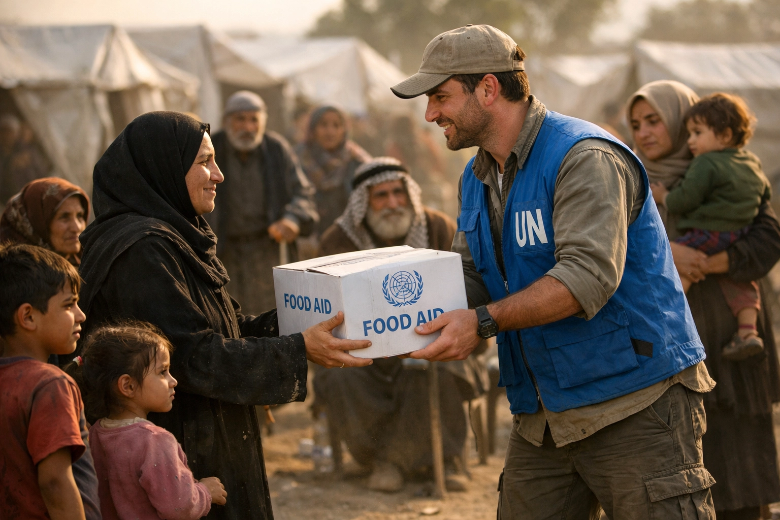 UN humanitarian worker distributing food to families at refugee camp showing global aid efforts