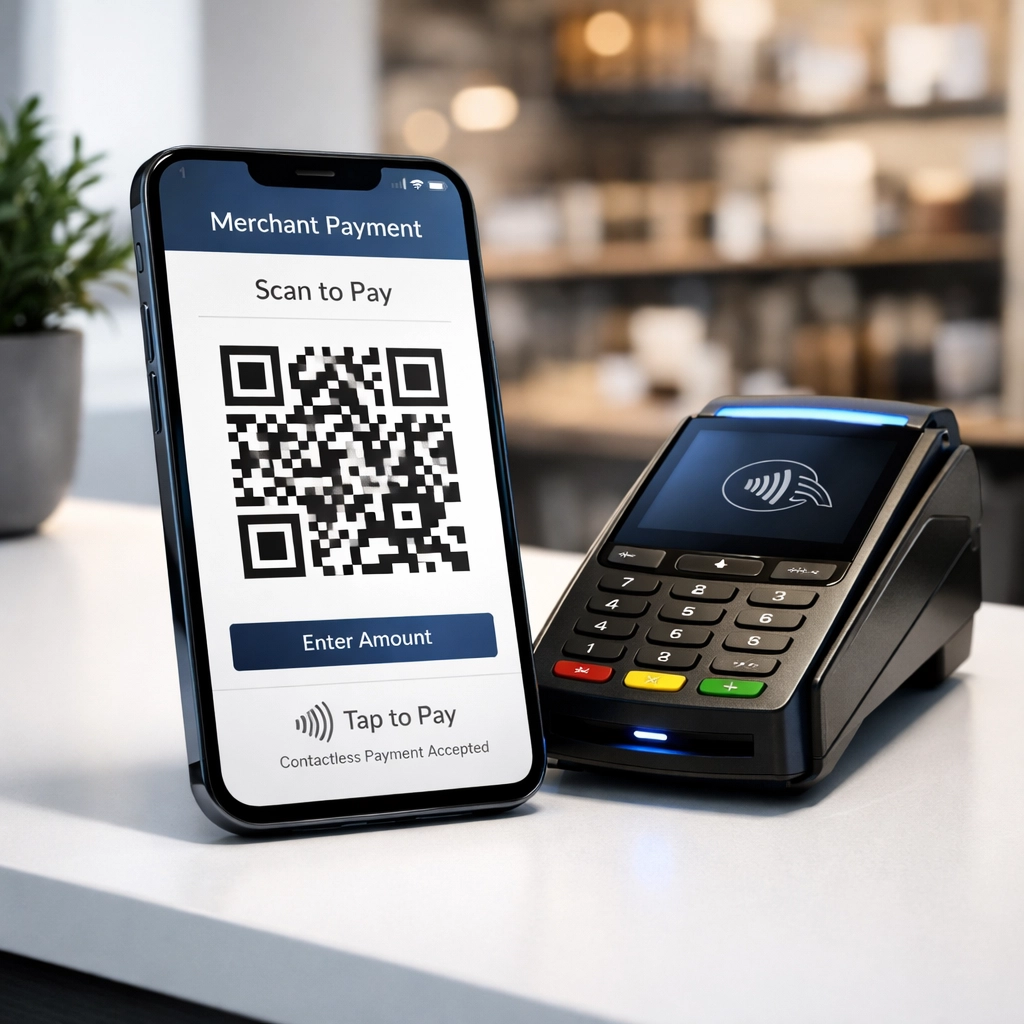 Merchant smartphone displaying crypto payment QR code with contactless NFC terminal for instant payments
