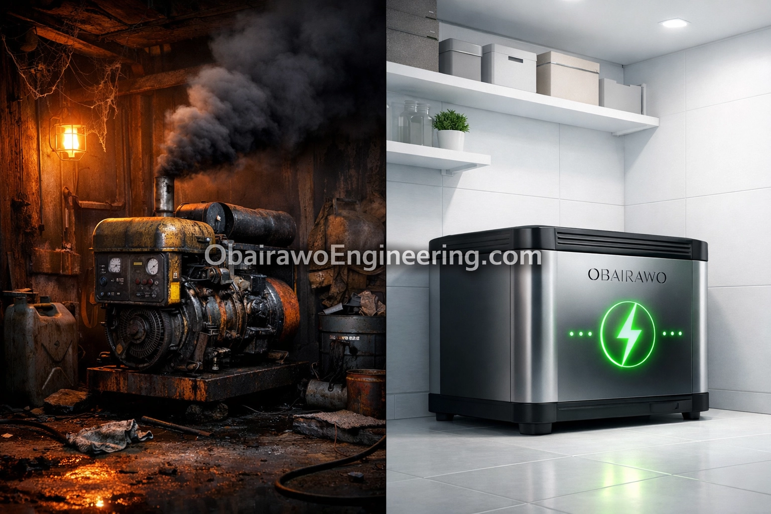 Comparison of a smoky traditional generator and an efficient Obairawo fuelless generator powered by regenerative technology.
