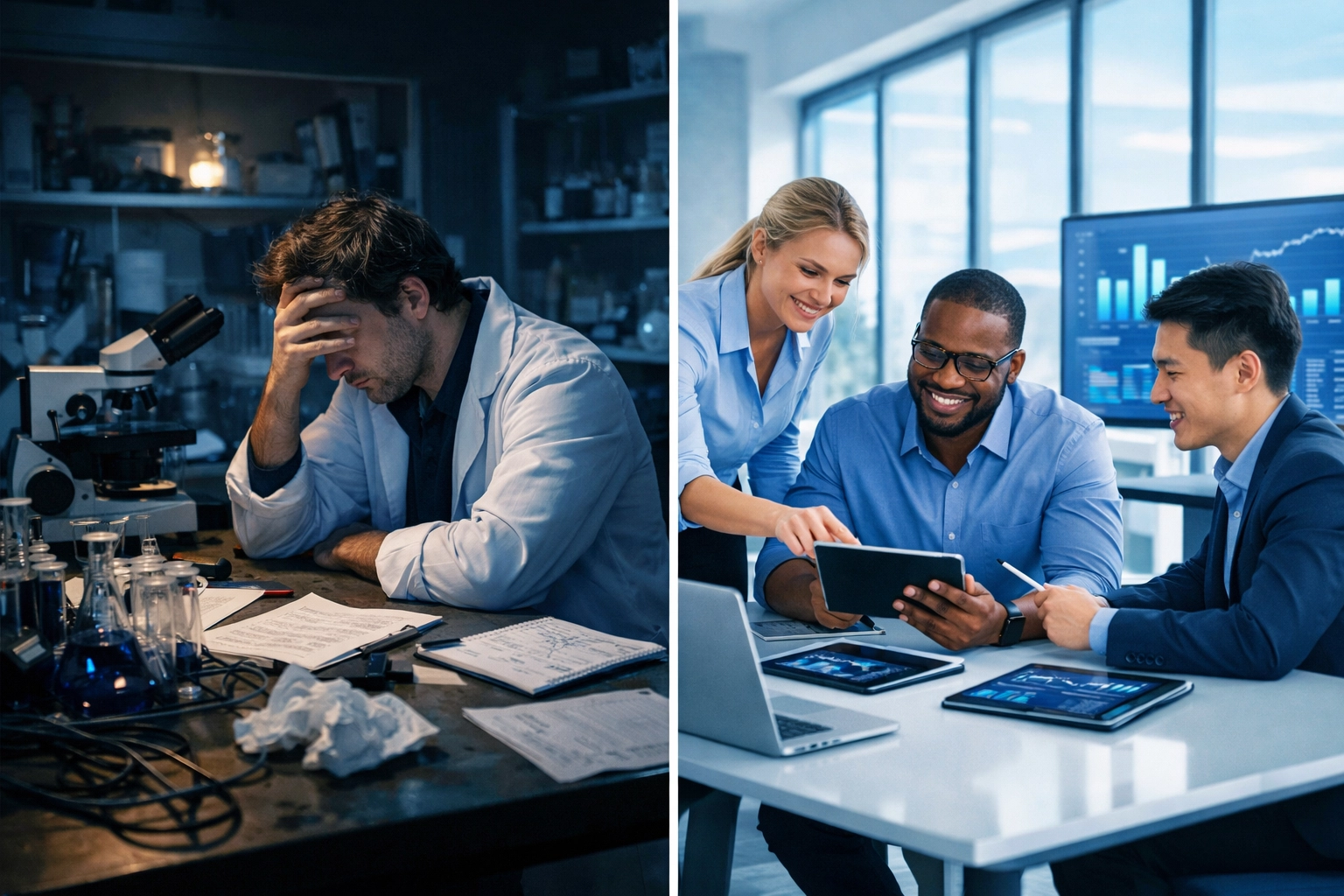 Biotech consultant team collaborating on antibody discovery campaign versus solo scientist