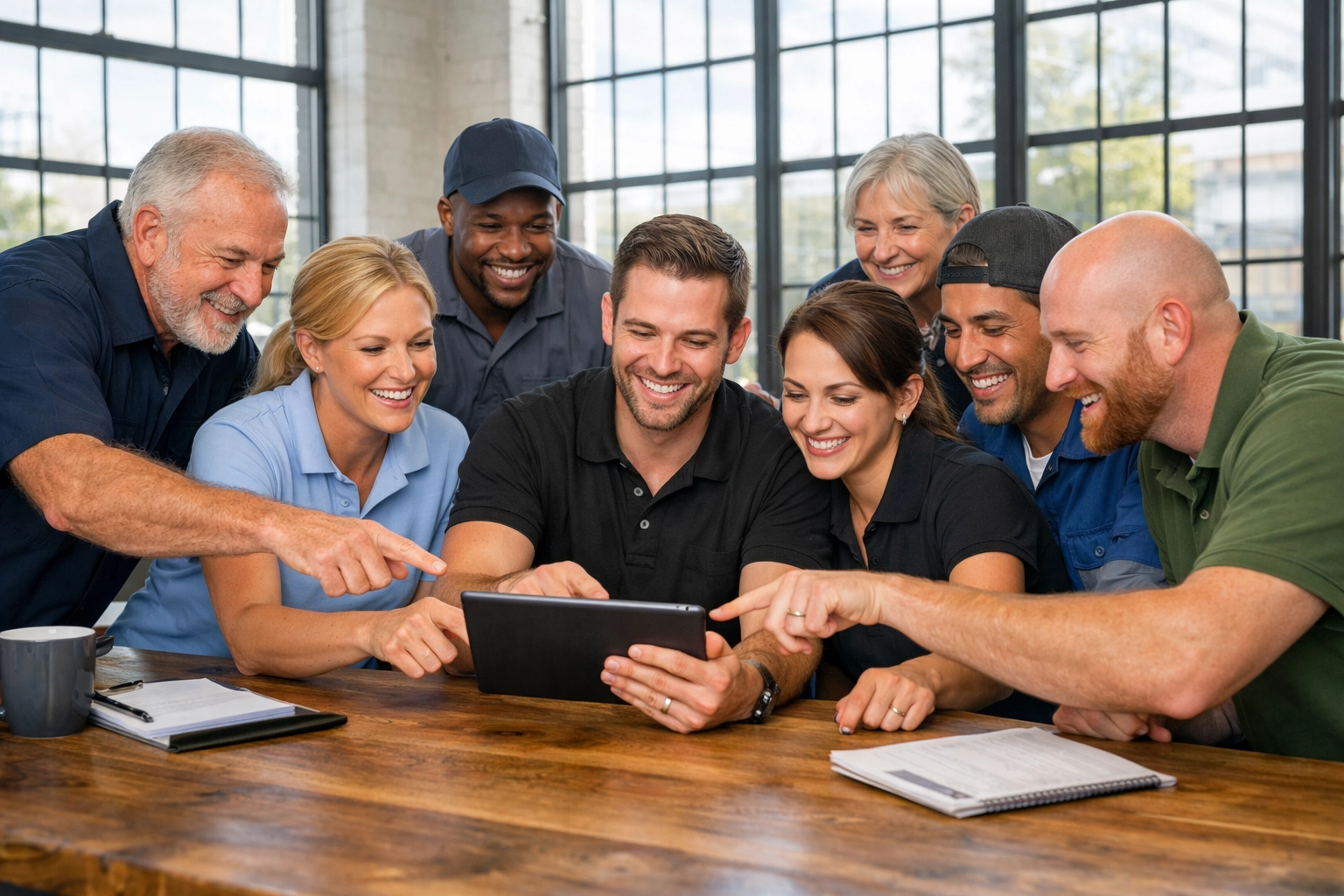 Contractor business owners collaborating and using AI tools during an Unmatched Growth workshop.