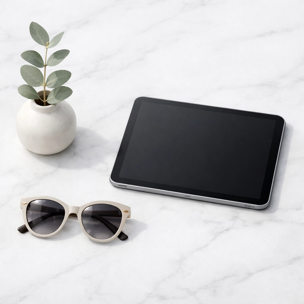 Modern tablet with hotel PMS software and booking tools on a minimalist desk.