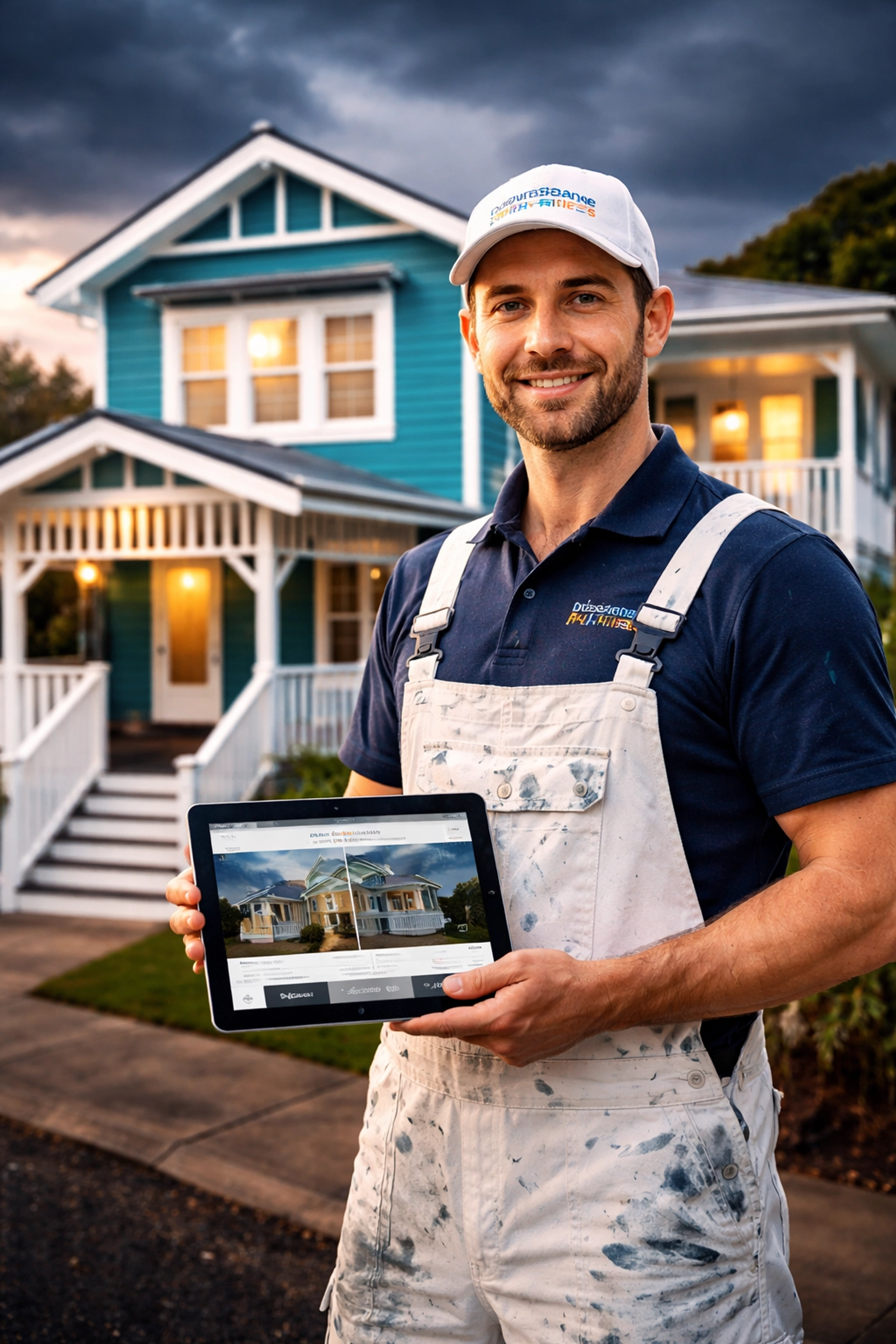 Brisbane painter in uniform beside a freshly painted Queenslander home, showcasing digital expertise and craftsmanship.