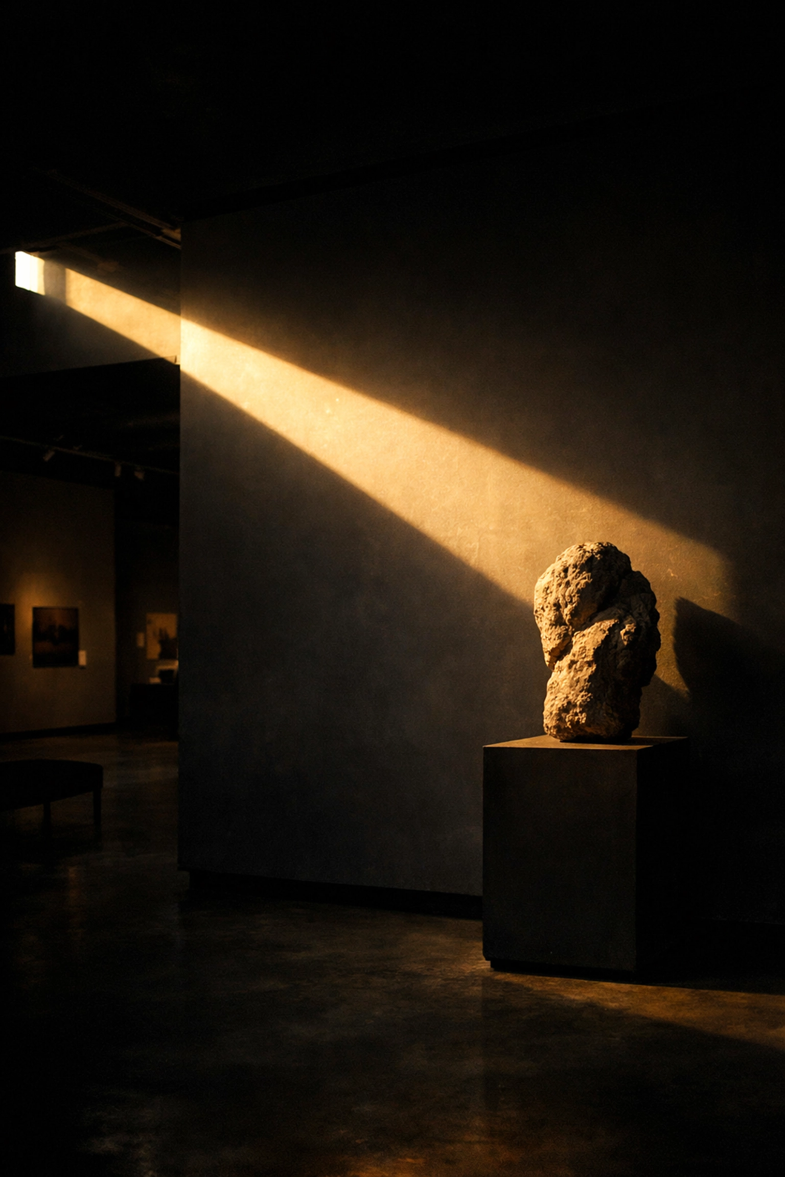 Interplay of light and shadow in a fine art gallery to create dramatic ethereal depth.