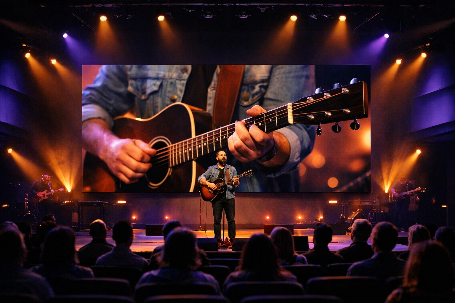 Worship leader on stage with a zero-latency LED video wall, highlighting high-performance church AV.