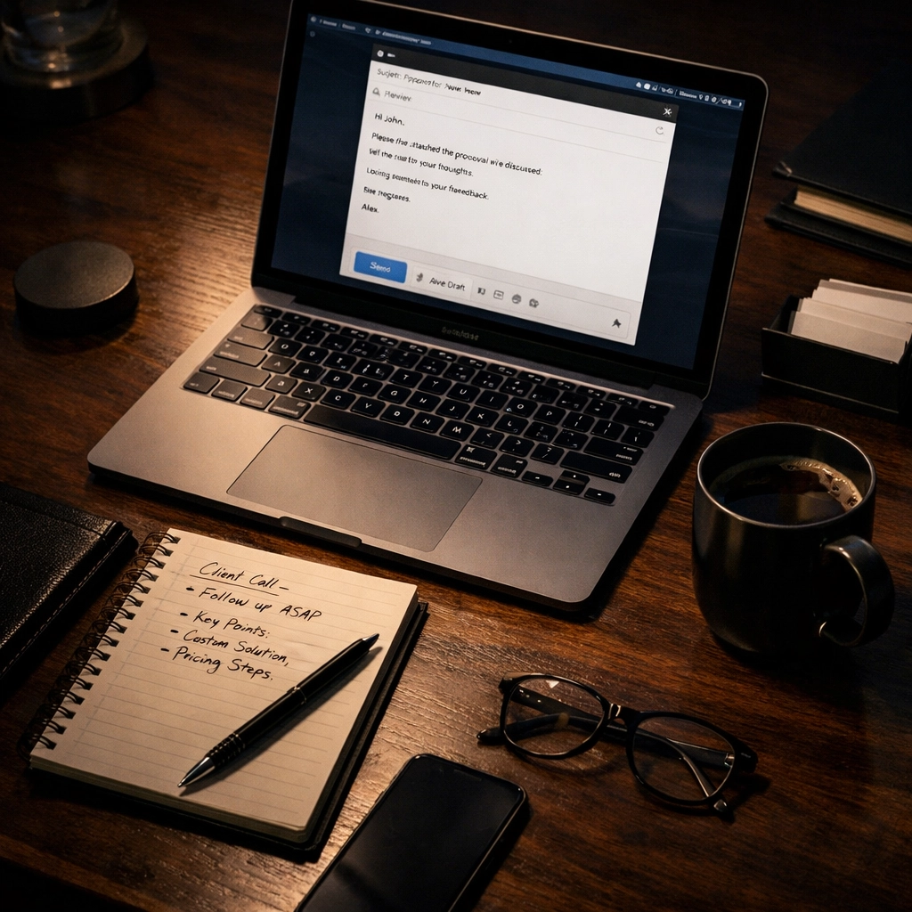 Founder's workspace at night reviewing AI-drafted email for approval with laptop and handwritten notes