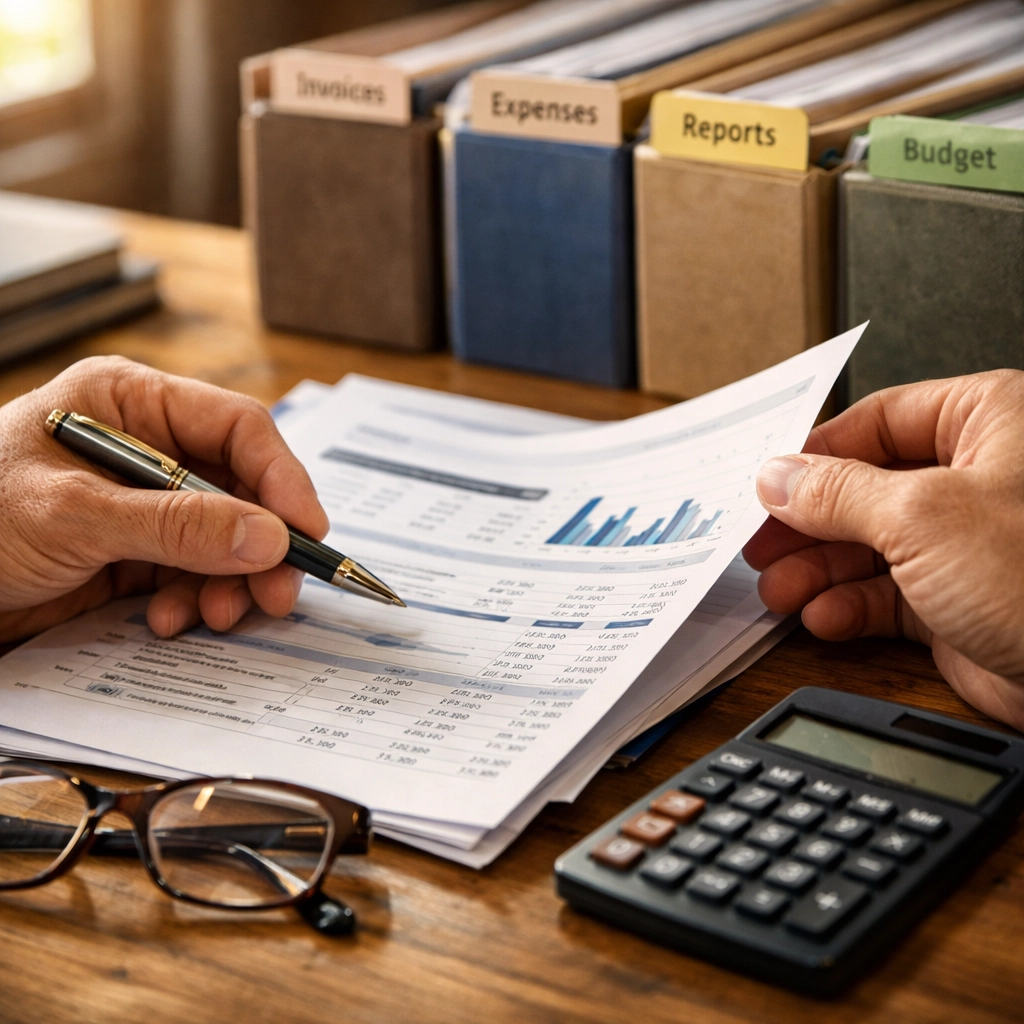 Business owner reviewing financial documents and folders for loan application