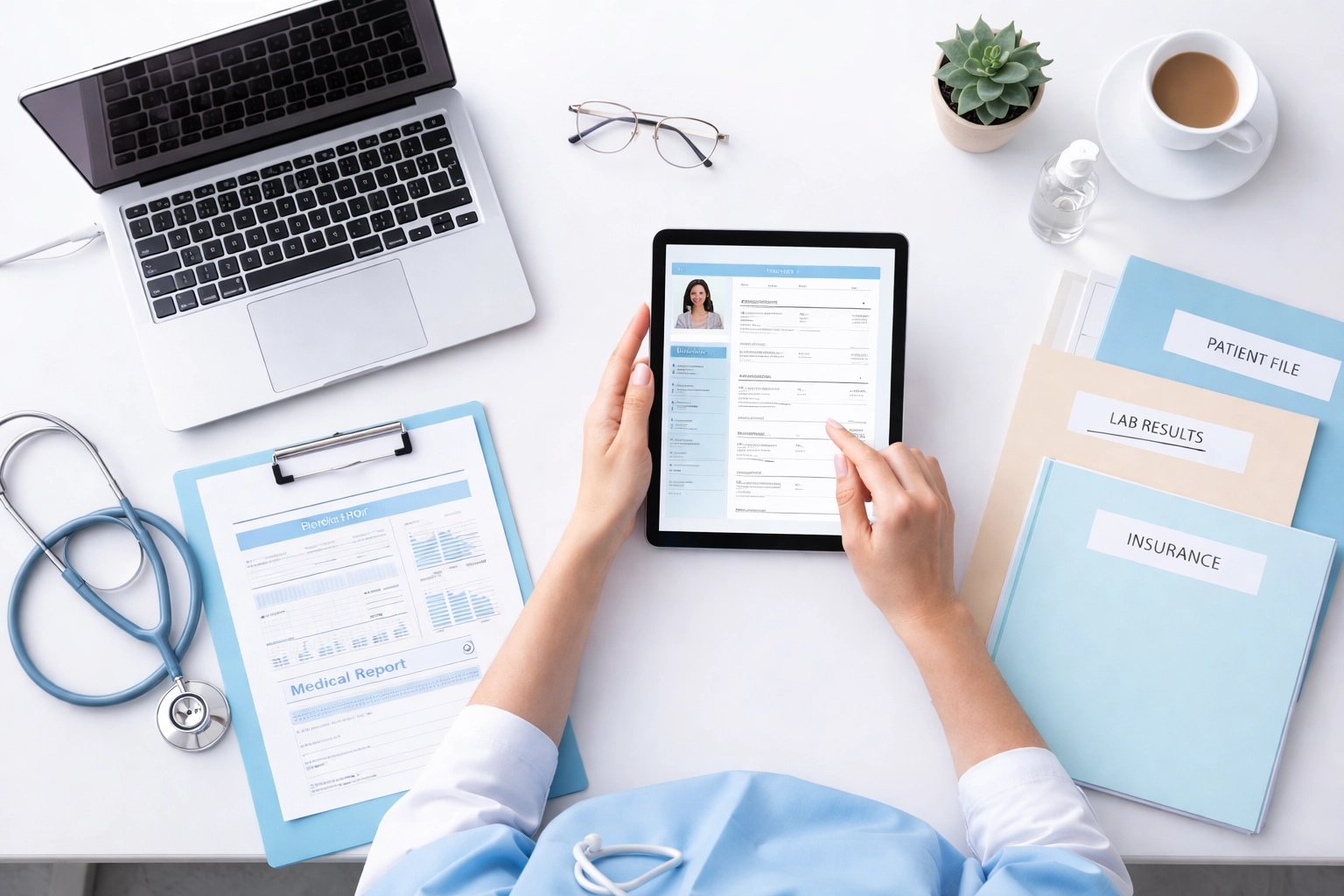 Organized modern medical office desk with digital records, demonstrating streamlined compliance and readiness