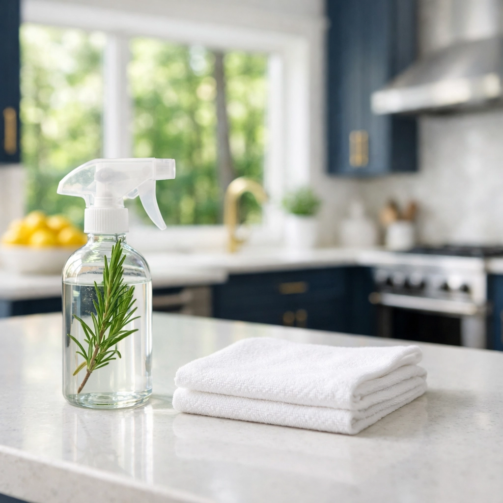 Eco-friendly luxury residential cleaning Easton kitchen with natural spray bottle on quartz island.