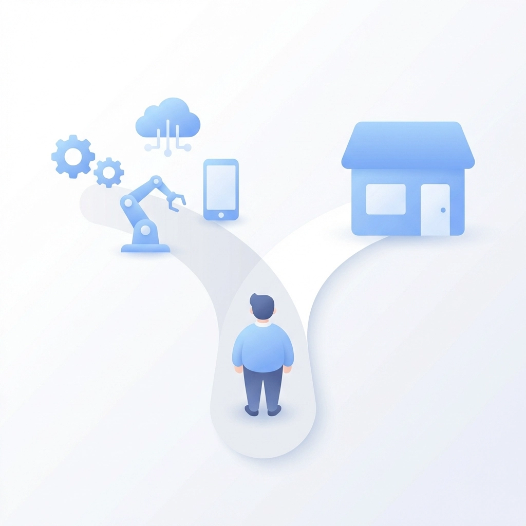 Business owner at a crossroads deciding between equipment financing and real estate loan for expansion strategy