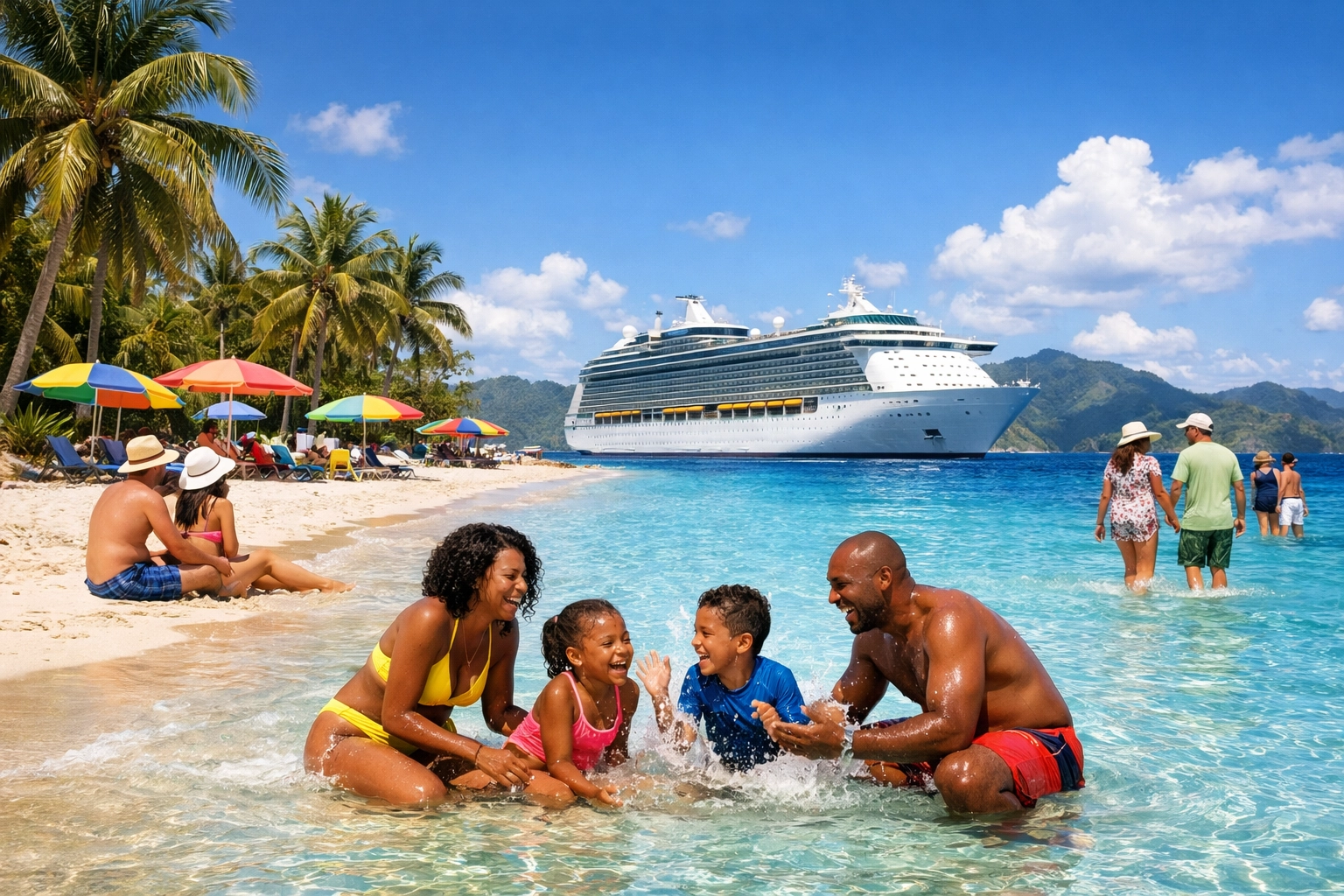Family enjoying a tropical private island beach day near their ship, planned by an Omaha cruise travel agent.