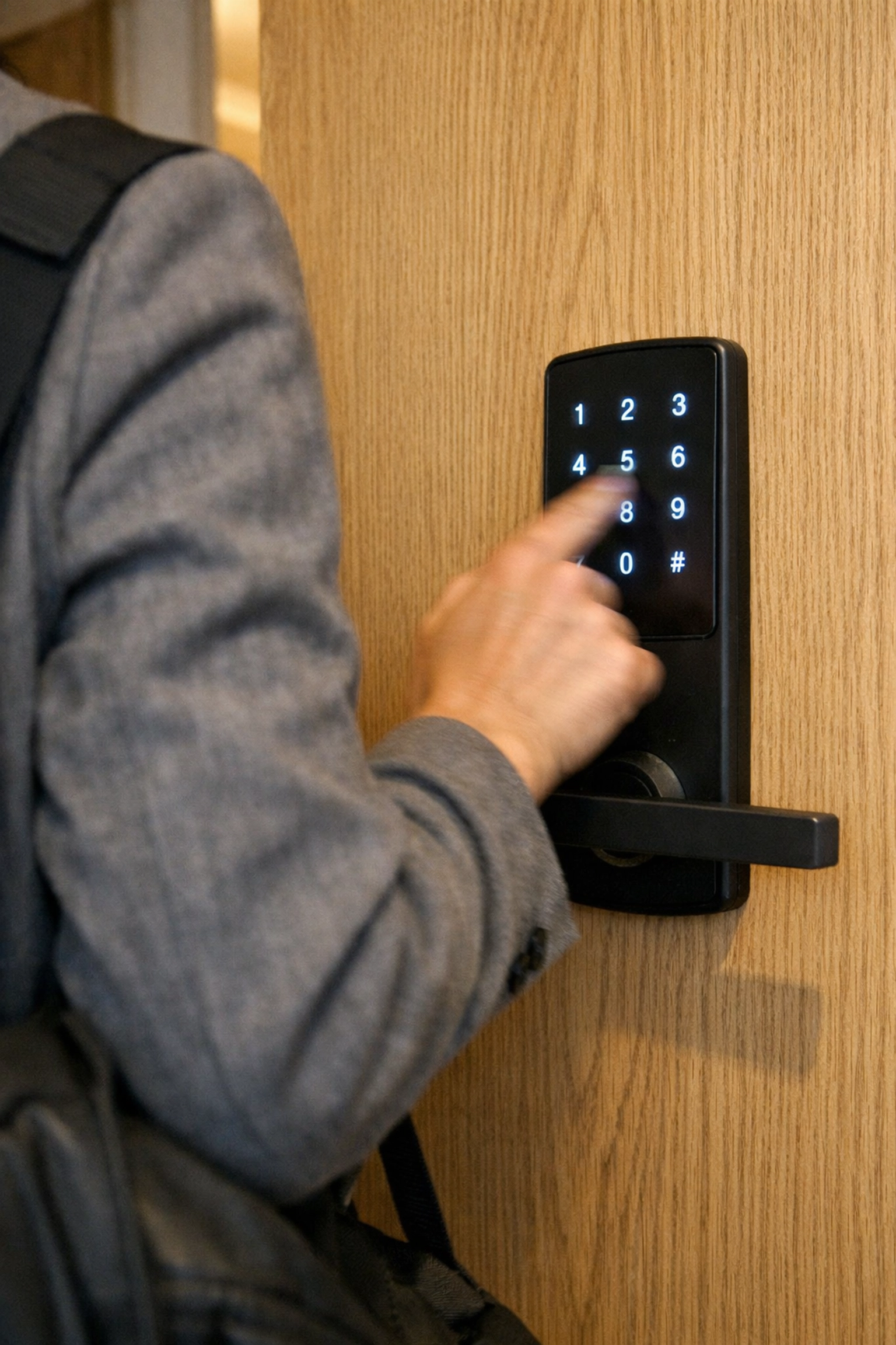 Secure digital keypad lock on a private bedroom door in a professionally managed Durham shared housing unit.