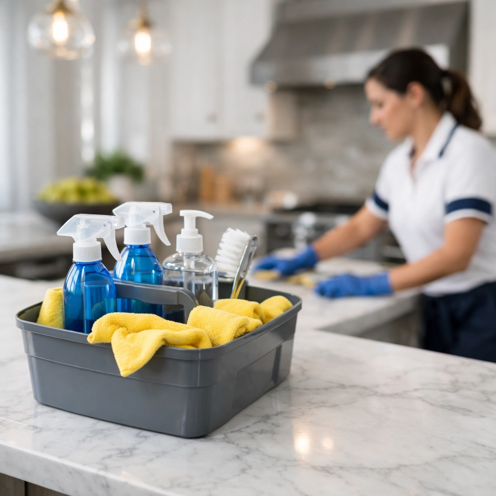 Professional cleaner performing deep cleaning in Sharon using a caddy of eco-friendly supplies in a luxury kitchen.