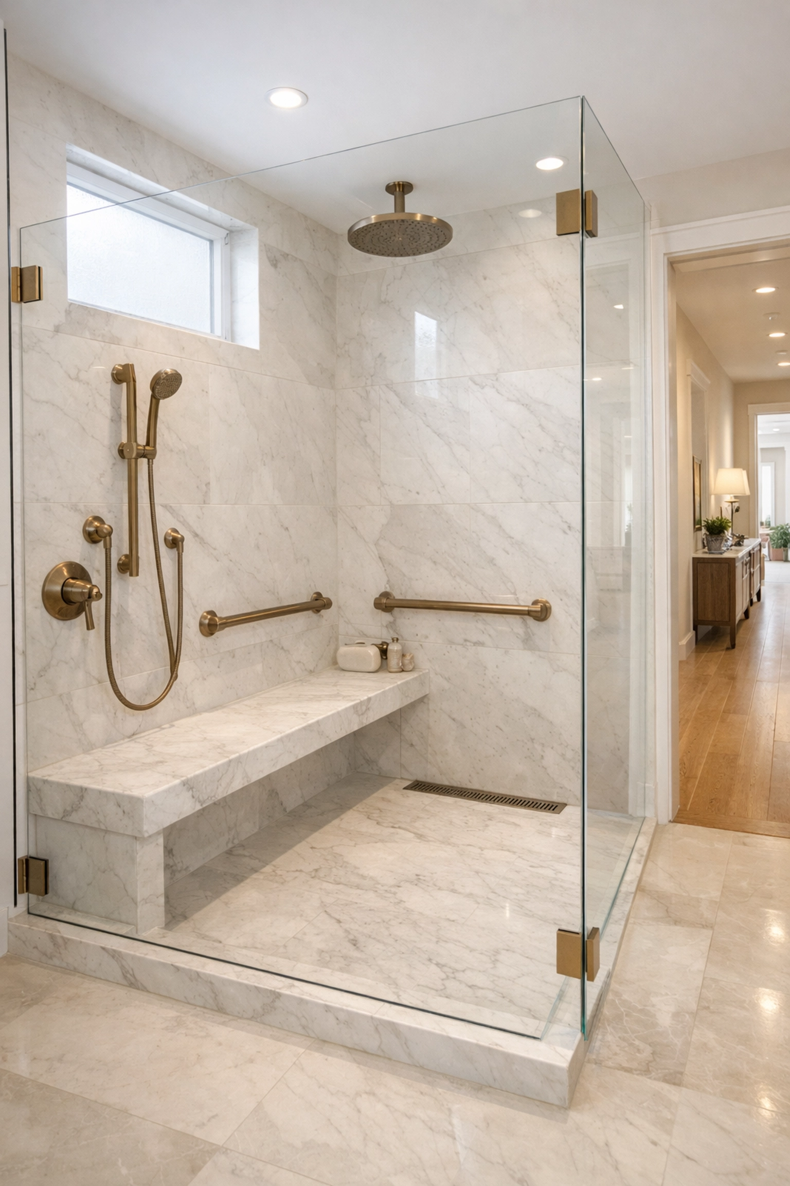 Accessible luxury bathroom with a curbless marble shower and wide hallway by custom home builders in Columbia SC.