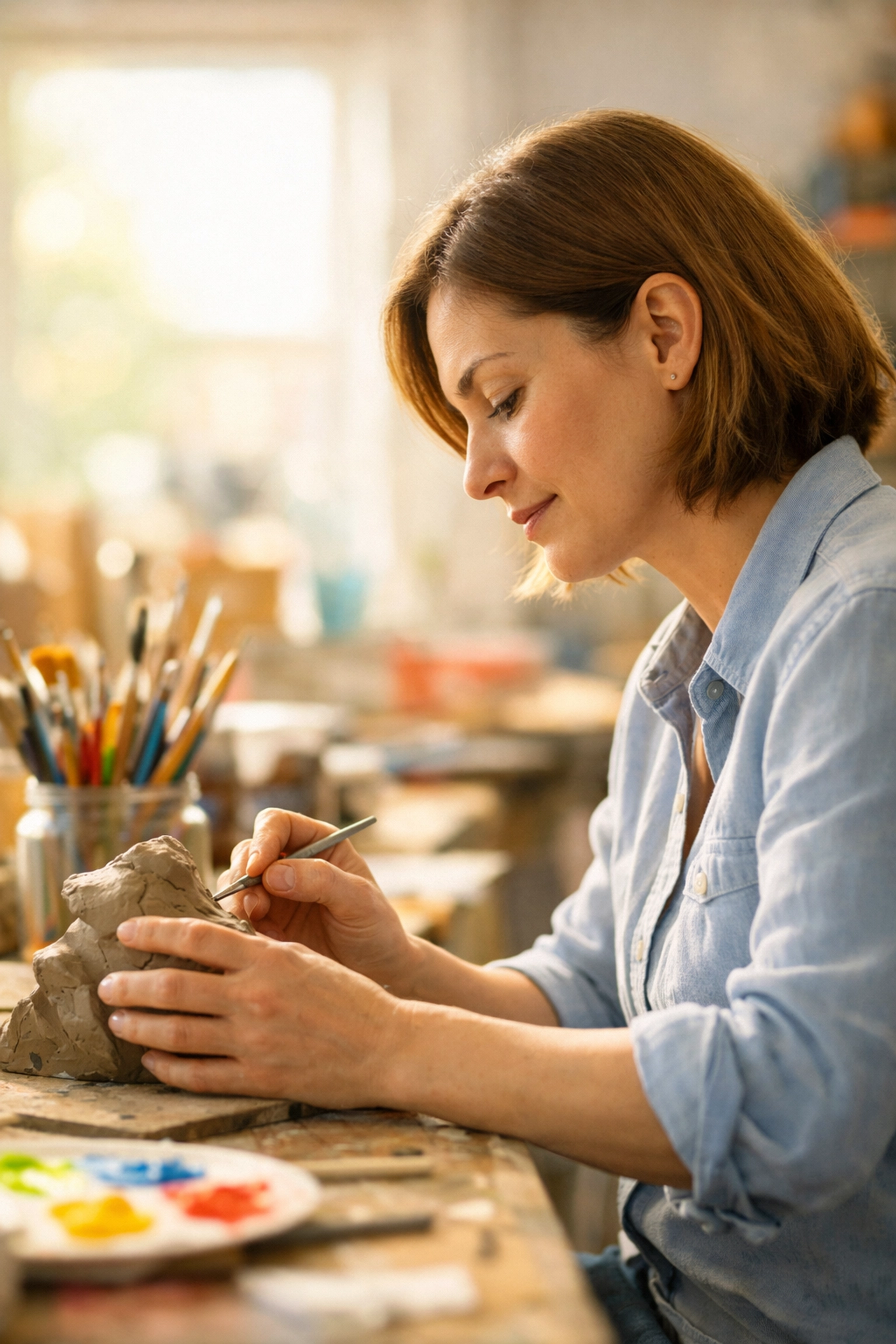 Professional in focused creative flow state during corporate wellness workshop