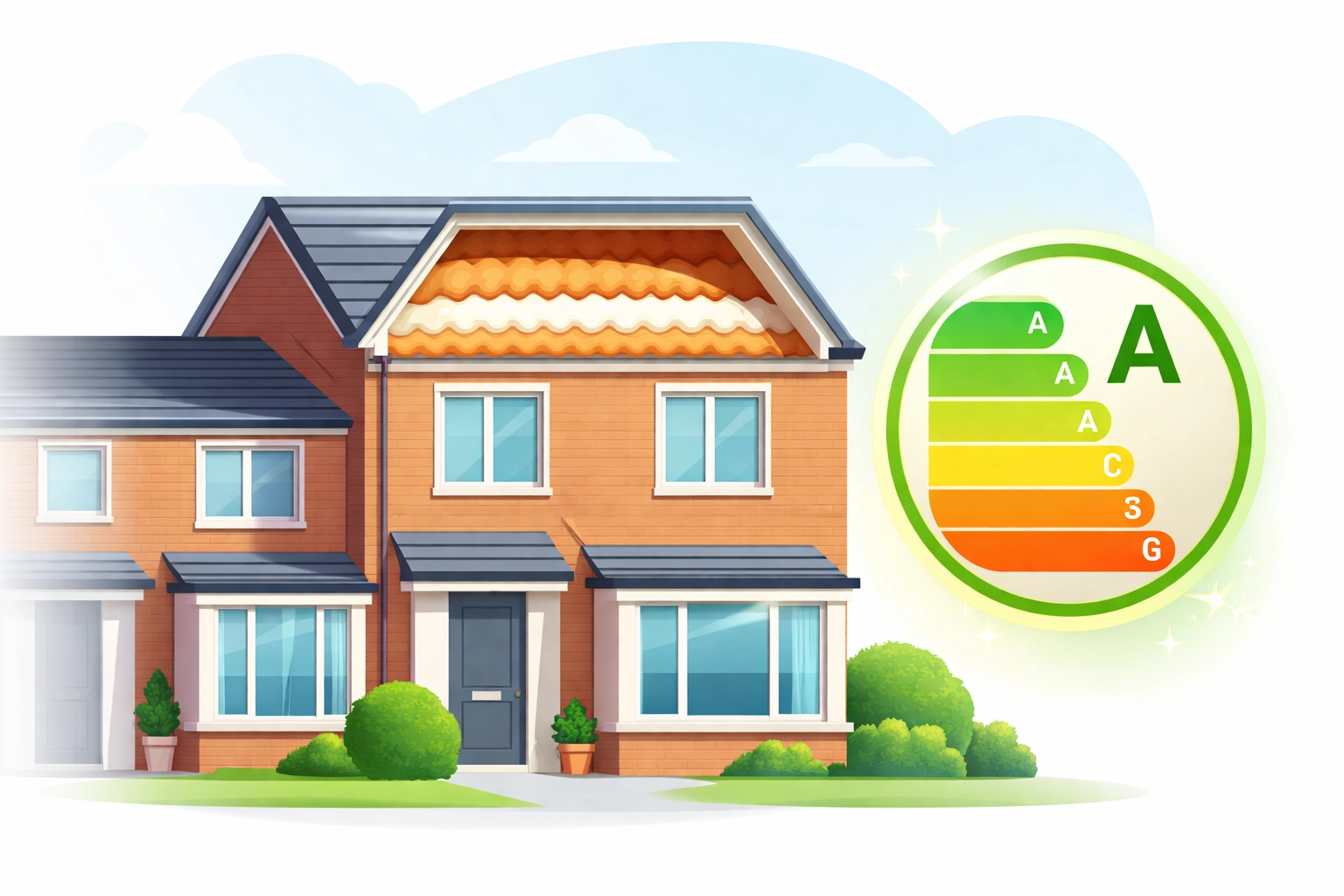 Modern UK terraced house with loft cutaway, showing thick insulation and EPC rating improvement