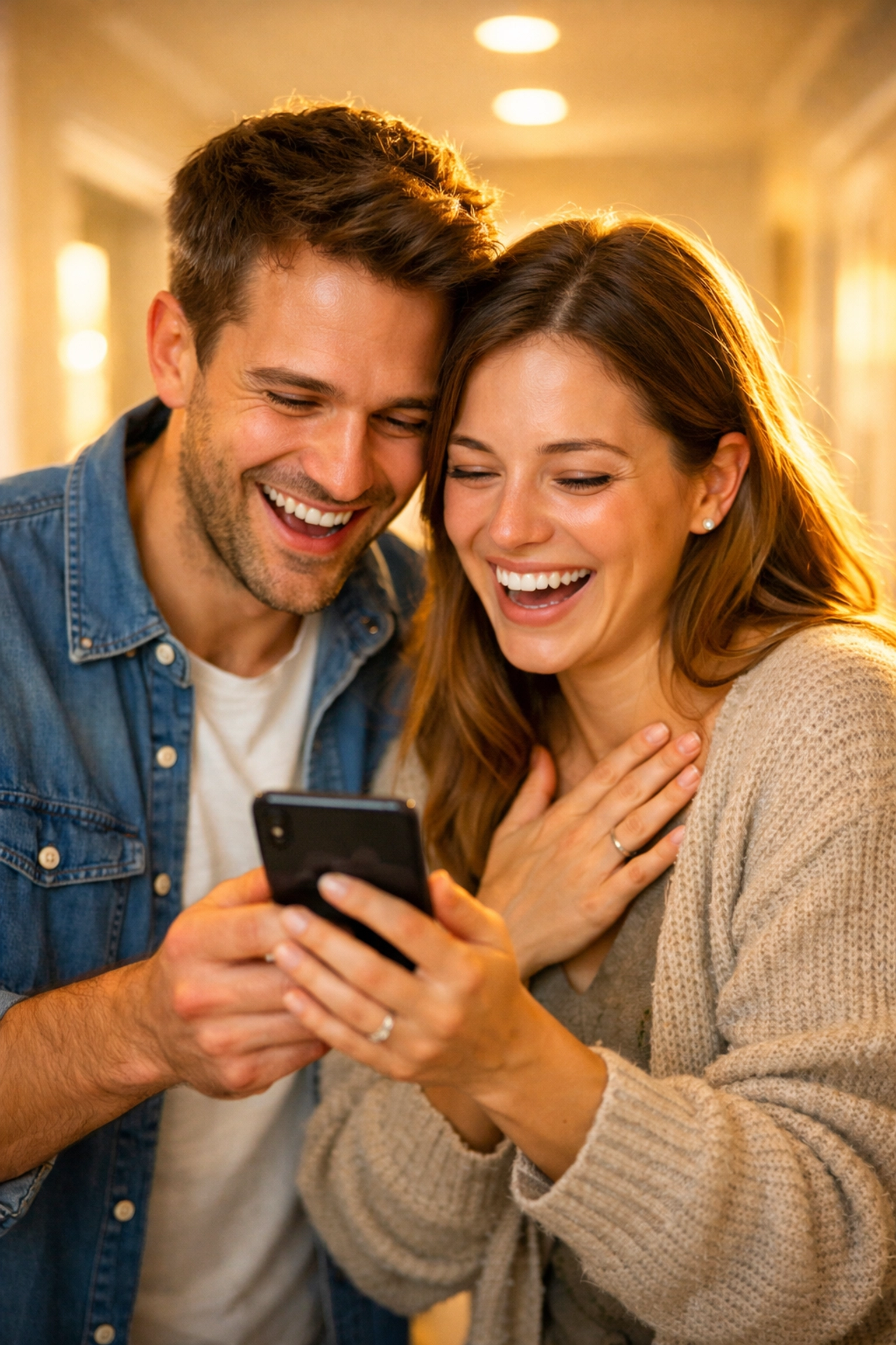 Happy couple using a phone to receive a payday loan no credit check canada and relief.