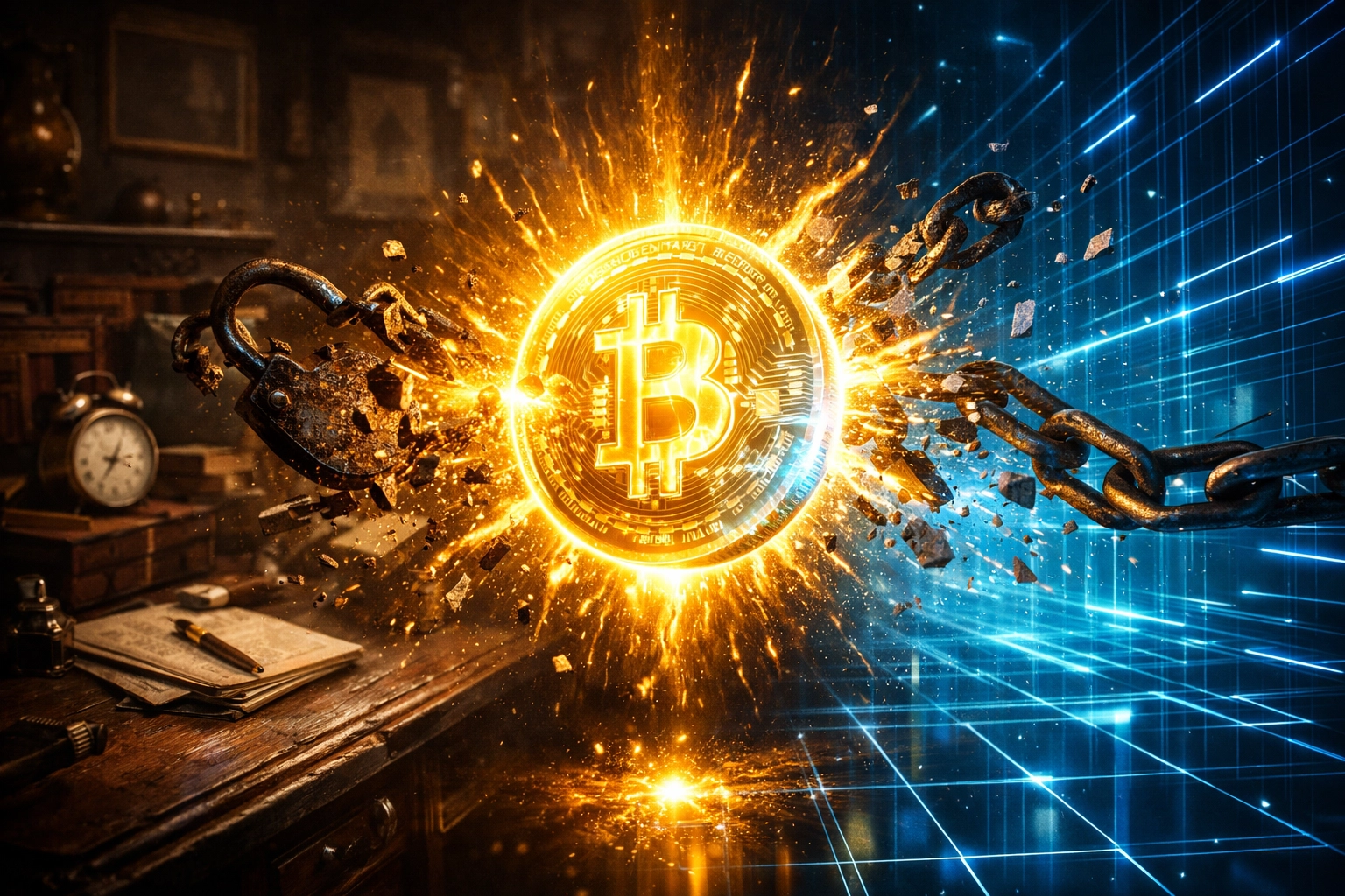 Digital currency coin breaking heavy chains to symbolise merchant freedom from high interchange fees.