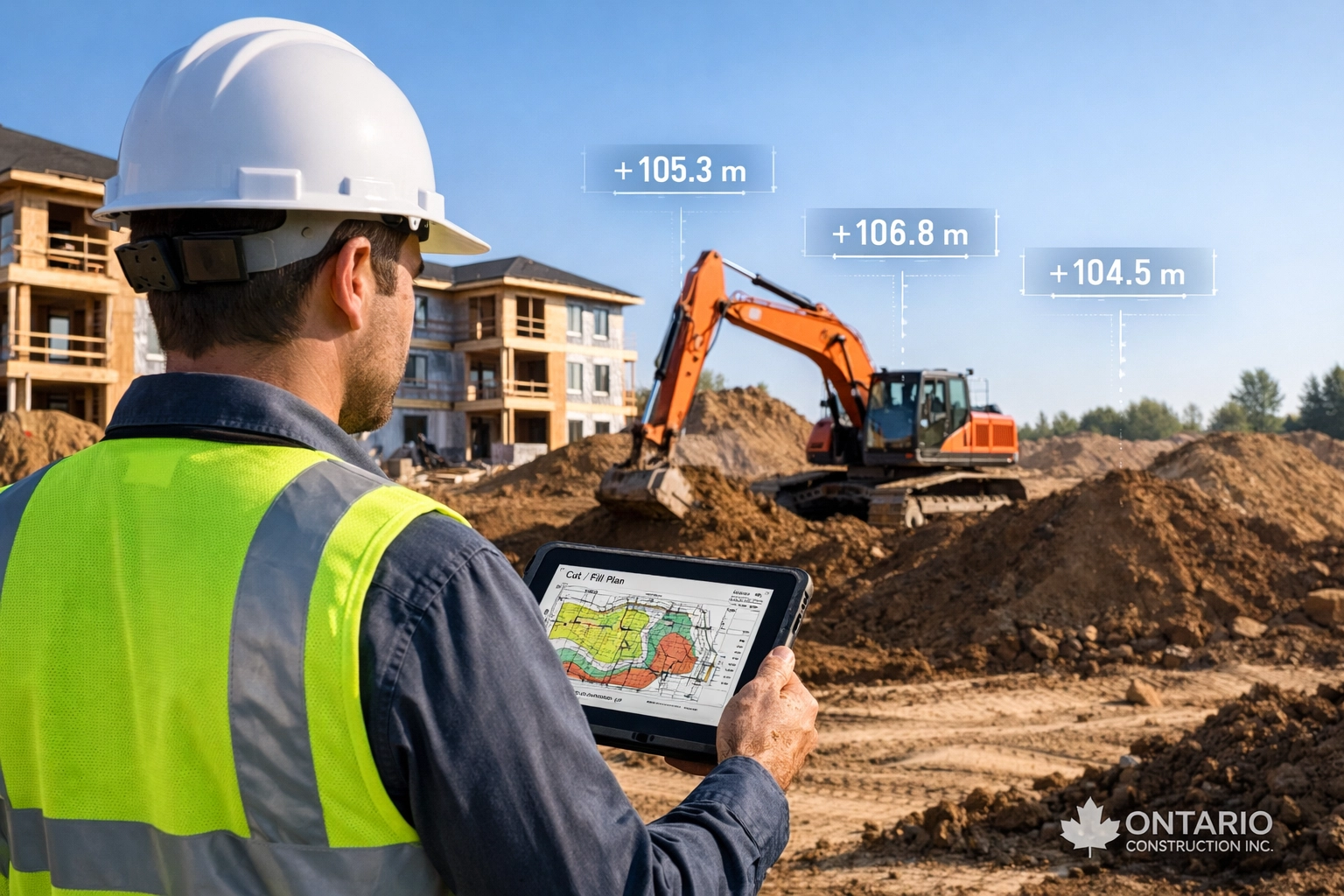 Civil engineer at a construction site verifying site grading for an Ontario residential project.