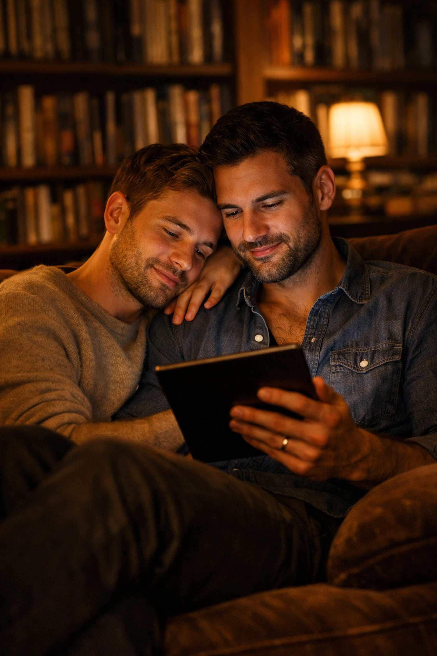 Two men reading an MM romance story together on a tablet in a cozy home library setting.