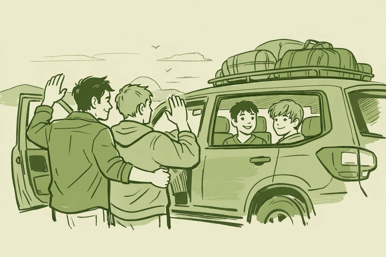 Gay family with two dads and queer teens starting cross-country road trip in packed SUV