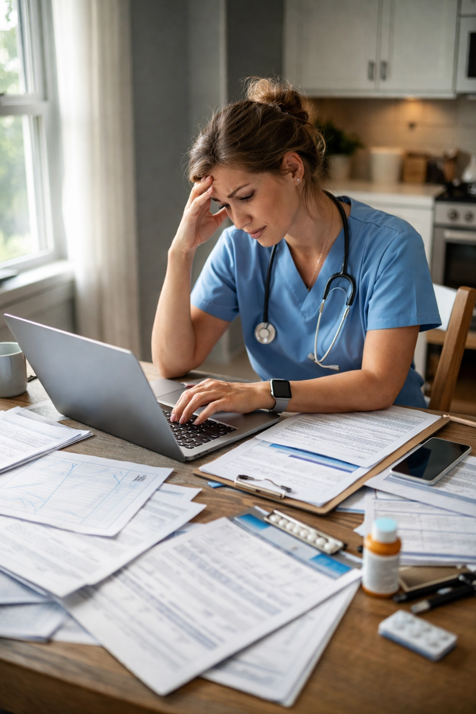 Home health nurse overwhelmed by documentation paperwork at patient's kitchen table