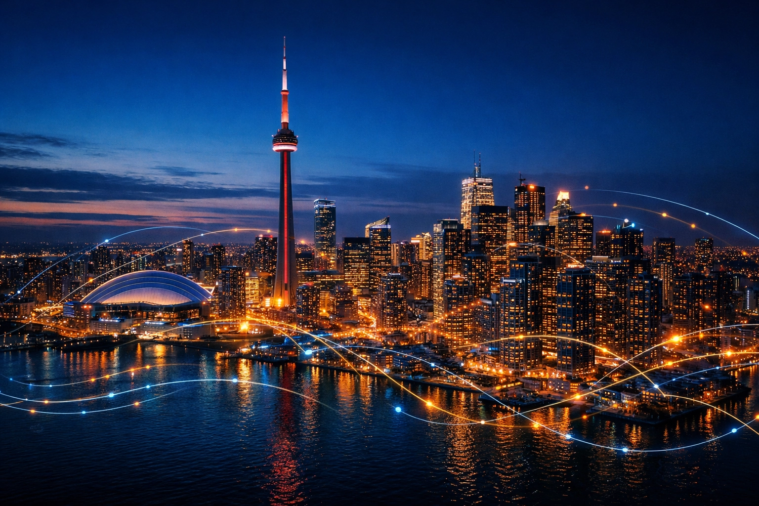 A digital marketing ecosystem over the Toronto skyline, representing local authority and growth for Canada businesses.