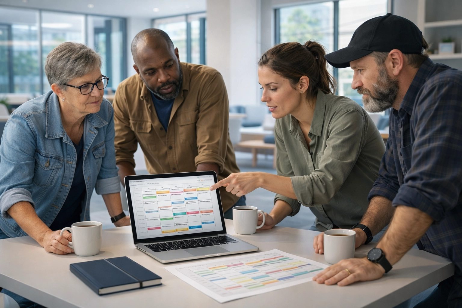 A diverse team collaborating in a modern office around a content calendar and social scheduling tools