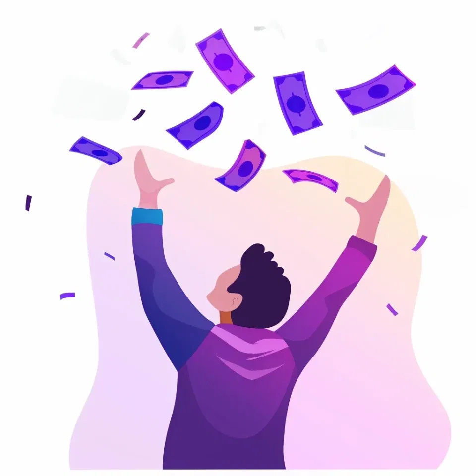 An illustration of a person celebrating as money rains down, representing the massive financial freedom and high earning potential of this career path.