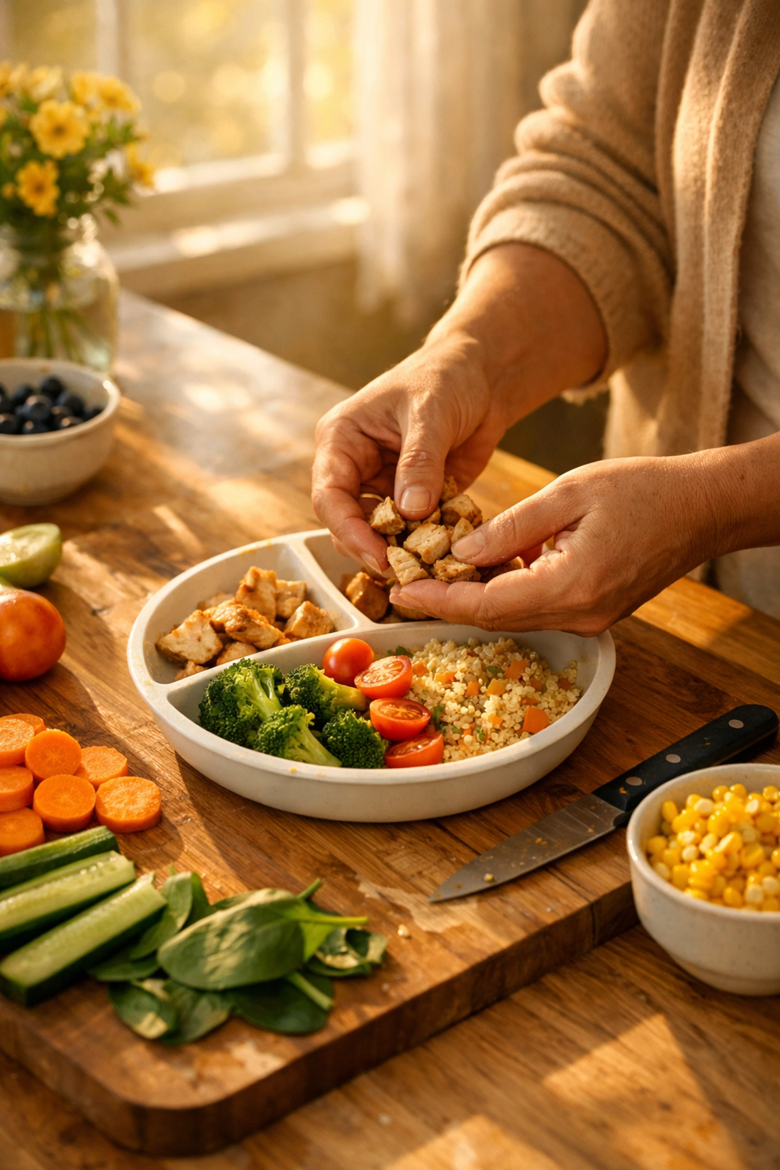 Caregiver preparing nutritious meal for senior as part of in home care nutrition support services