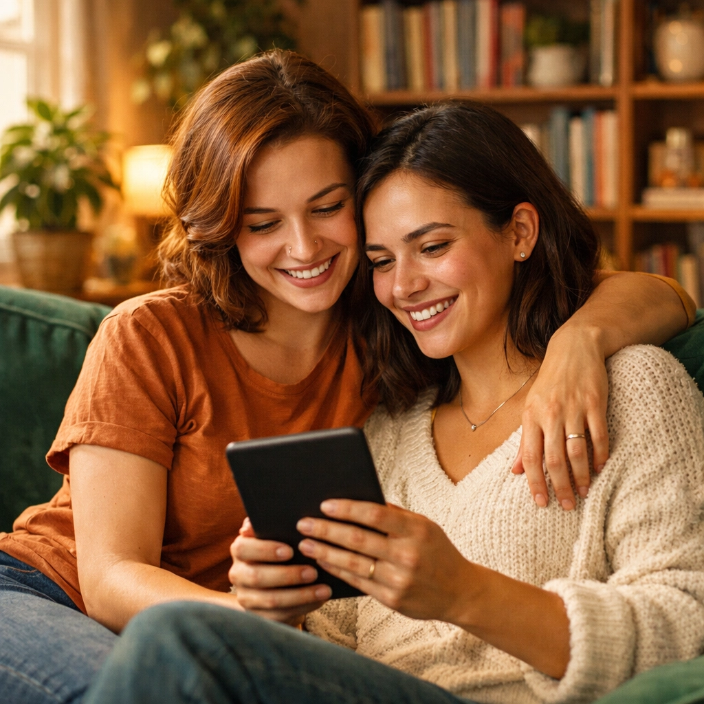 A lesbian couple reading an LGBTQ+ ebook together at home, showing the power of queer representation.