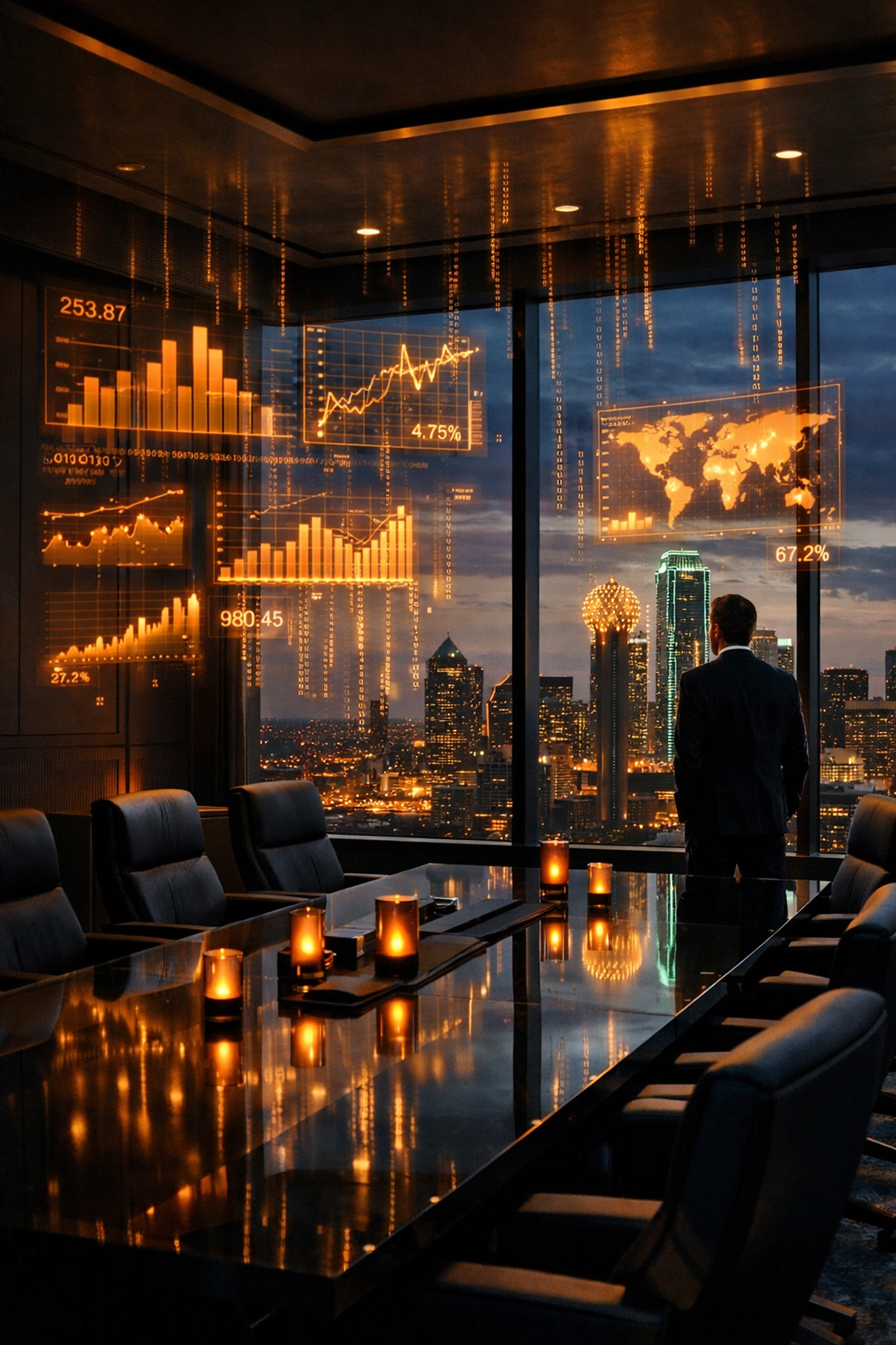 Modern executive boardroom overlooking DFW skyline with data visuals representing information overload in leadership.