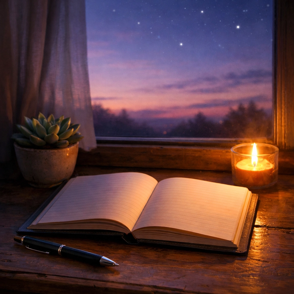 Open journal on desk at twilight representing intentional news boundaries and reflection