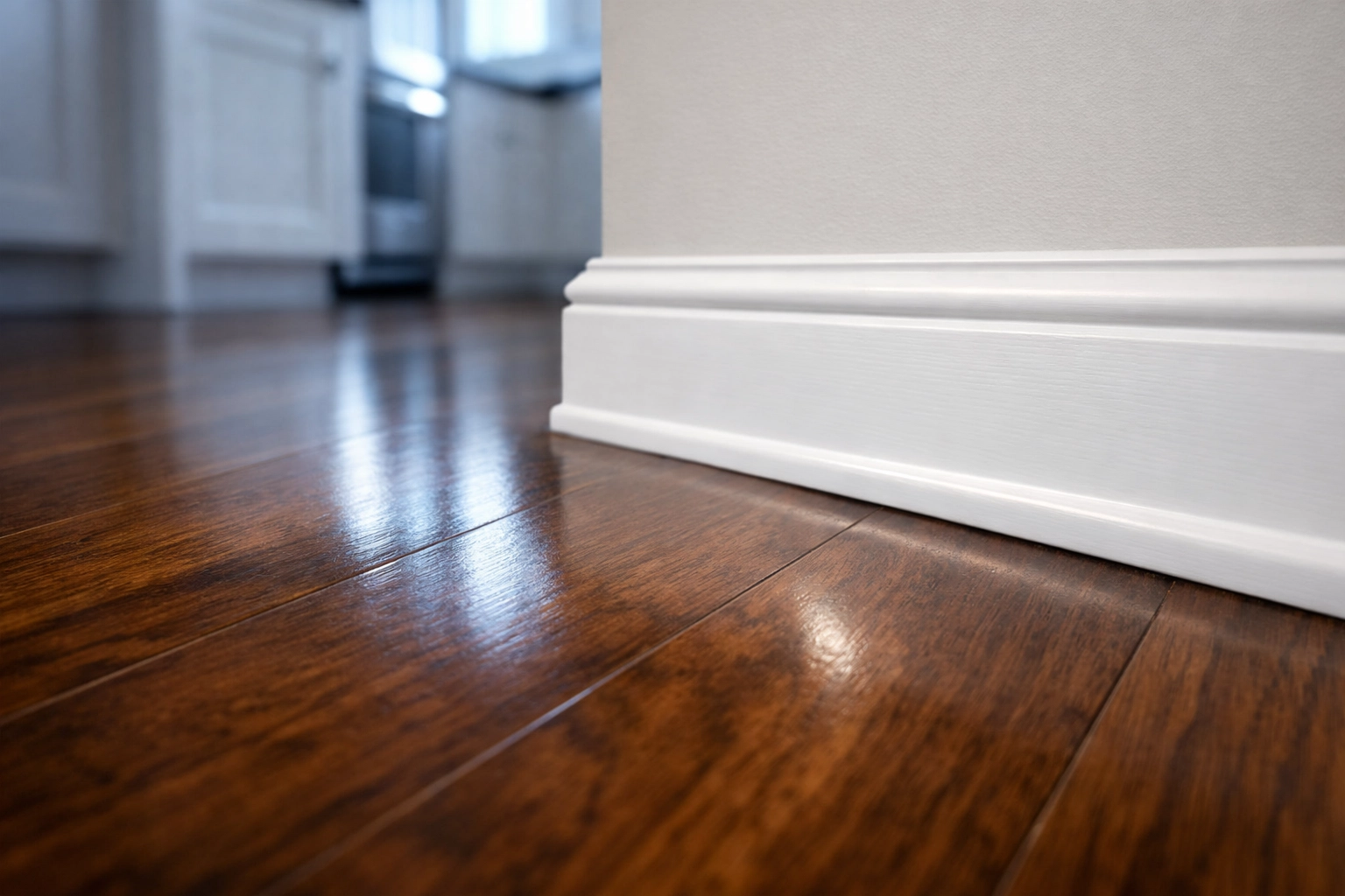 Polished dark hardwood kitchen floor and clean white baseboards after a ninja deep clean.