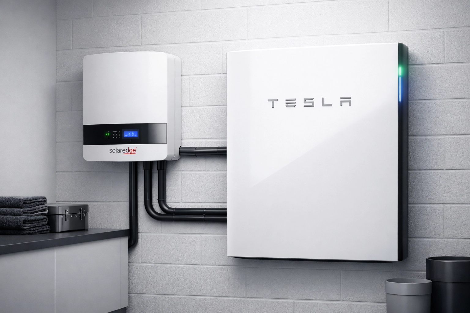 Tesla Powerwall 3 and SolarEdge inverter installed in a modern UK utility room for energy storage.