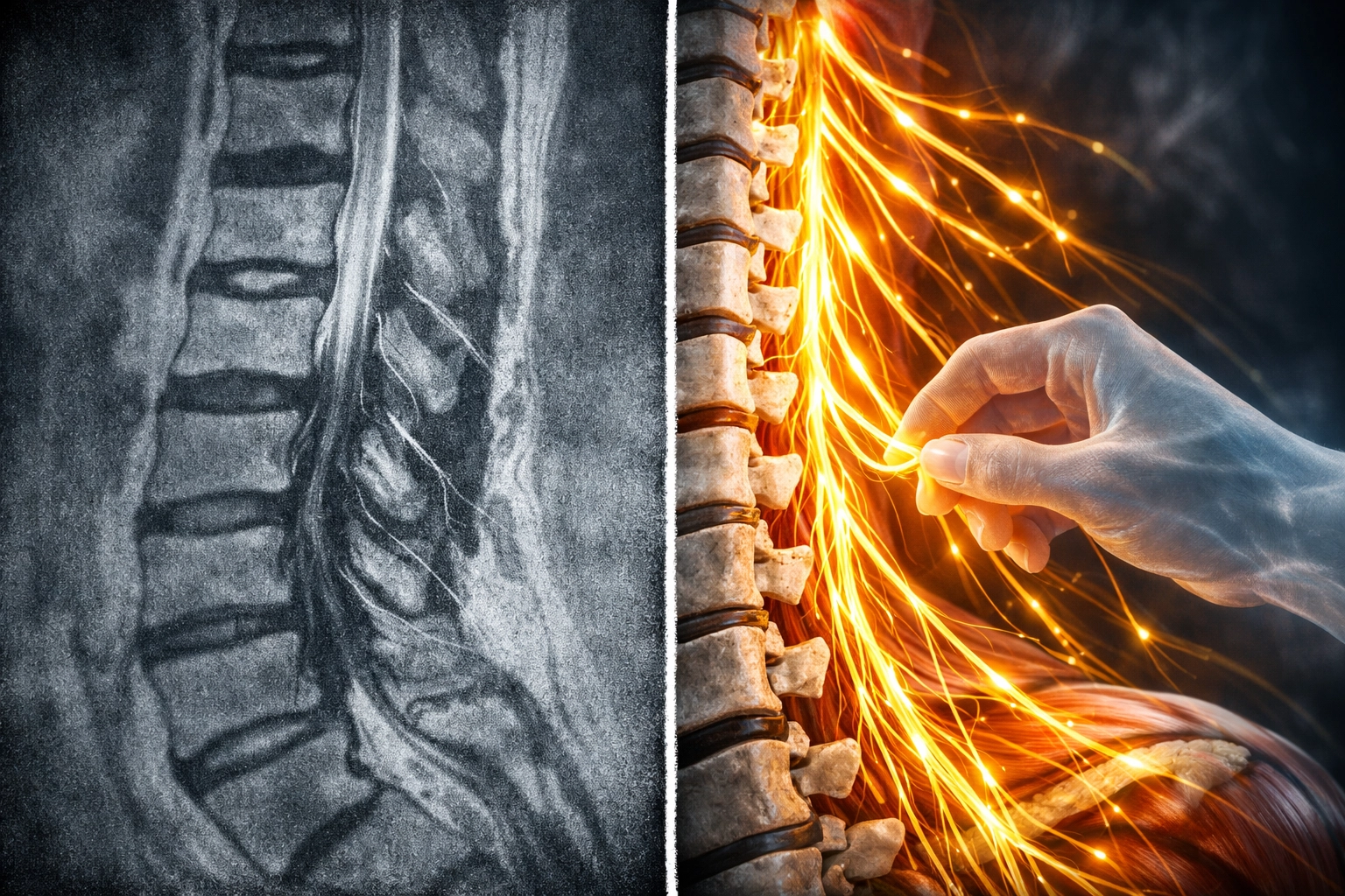 Comparison of a medical spine scan and the process of neural rewiring for chronic pain recovery.