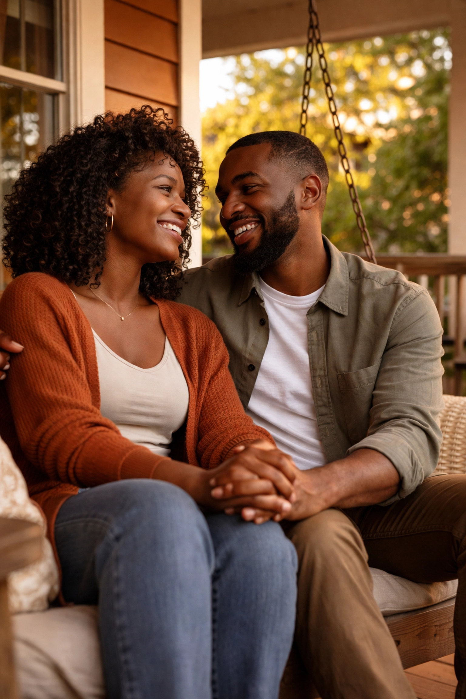 Joyful Black couple holding hands on a porch swing, symbolizing emotional safety in Black relationships.
